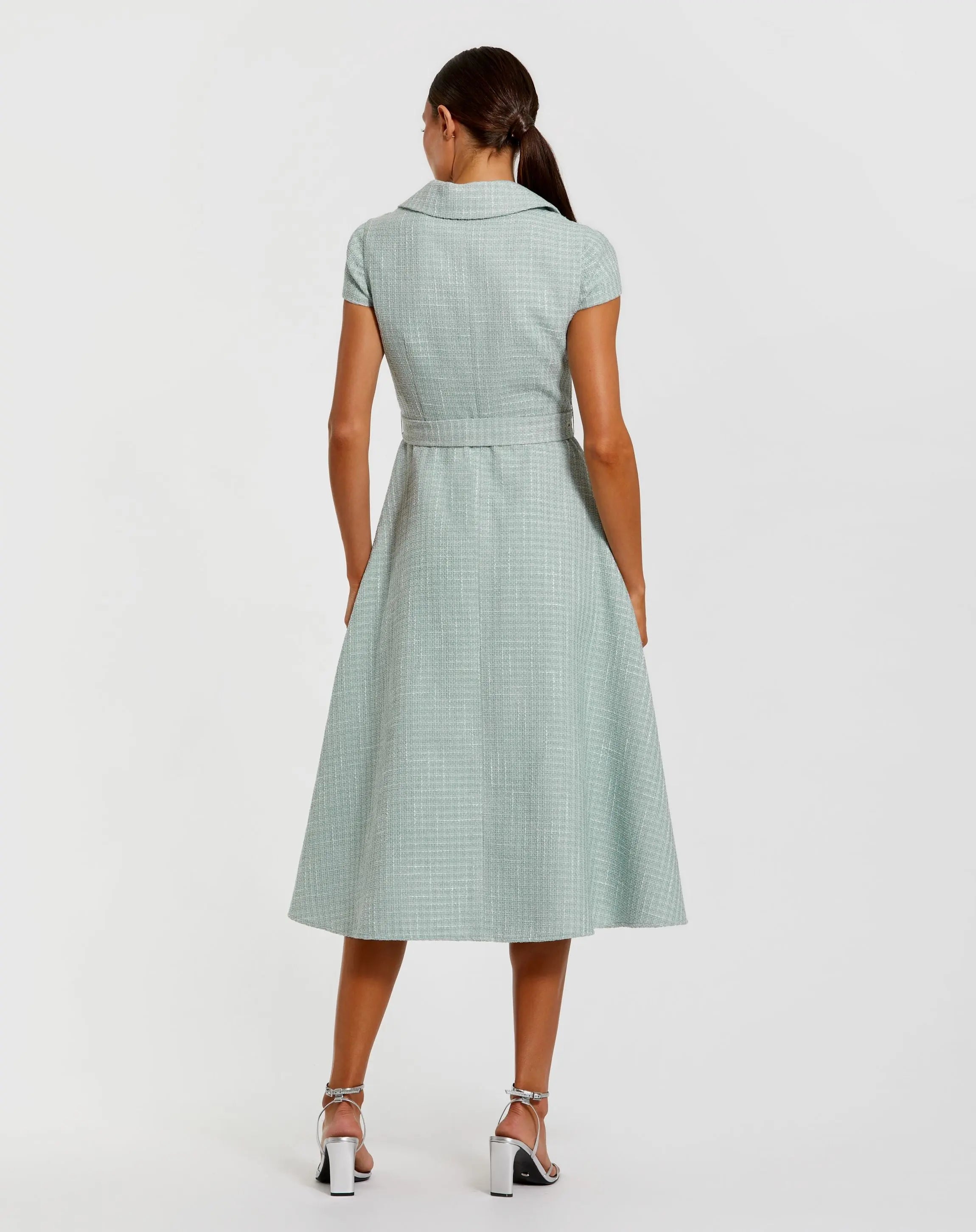 Light Blue Boucle Cap Sleeve Button Up Midi Dress Mac Duggal