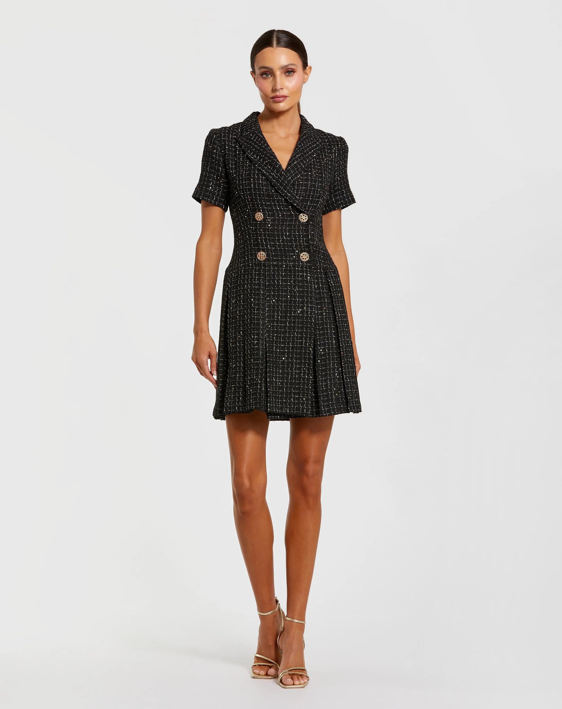 Black Short Sleeve V Neck Tweed Blazer Mini Dress - Ieena for Mac Duggal