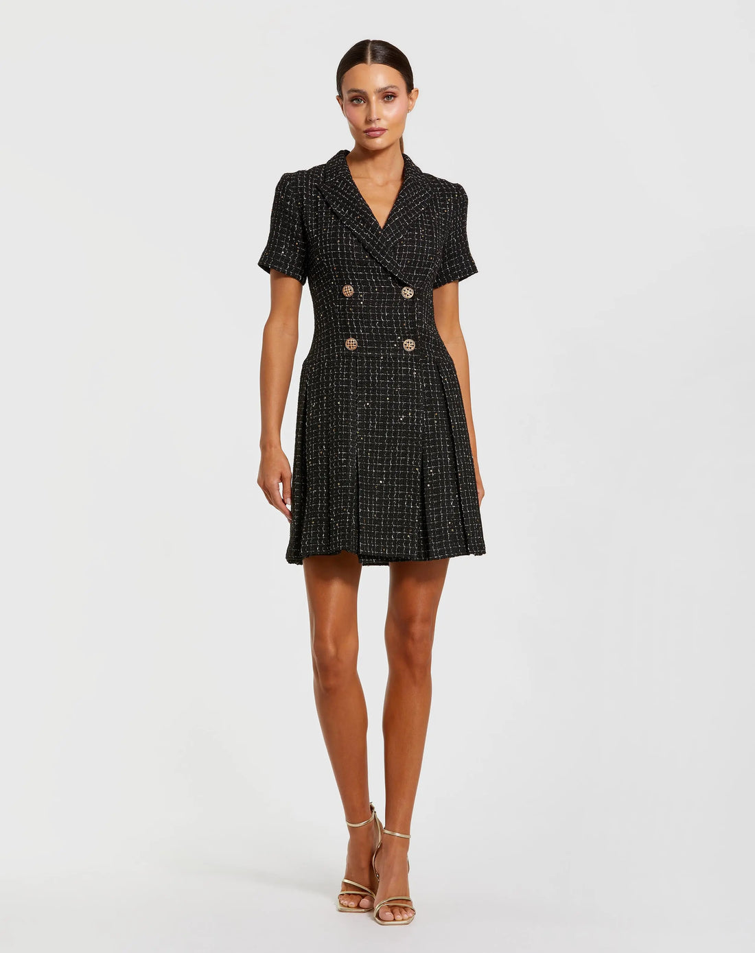 Black Short Sleeve V Neck Tweed Blazer Mini Dress - Ieena for Mac Duggal