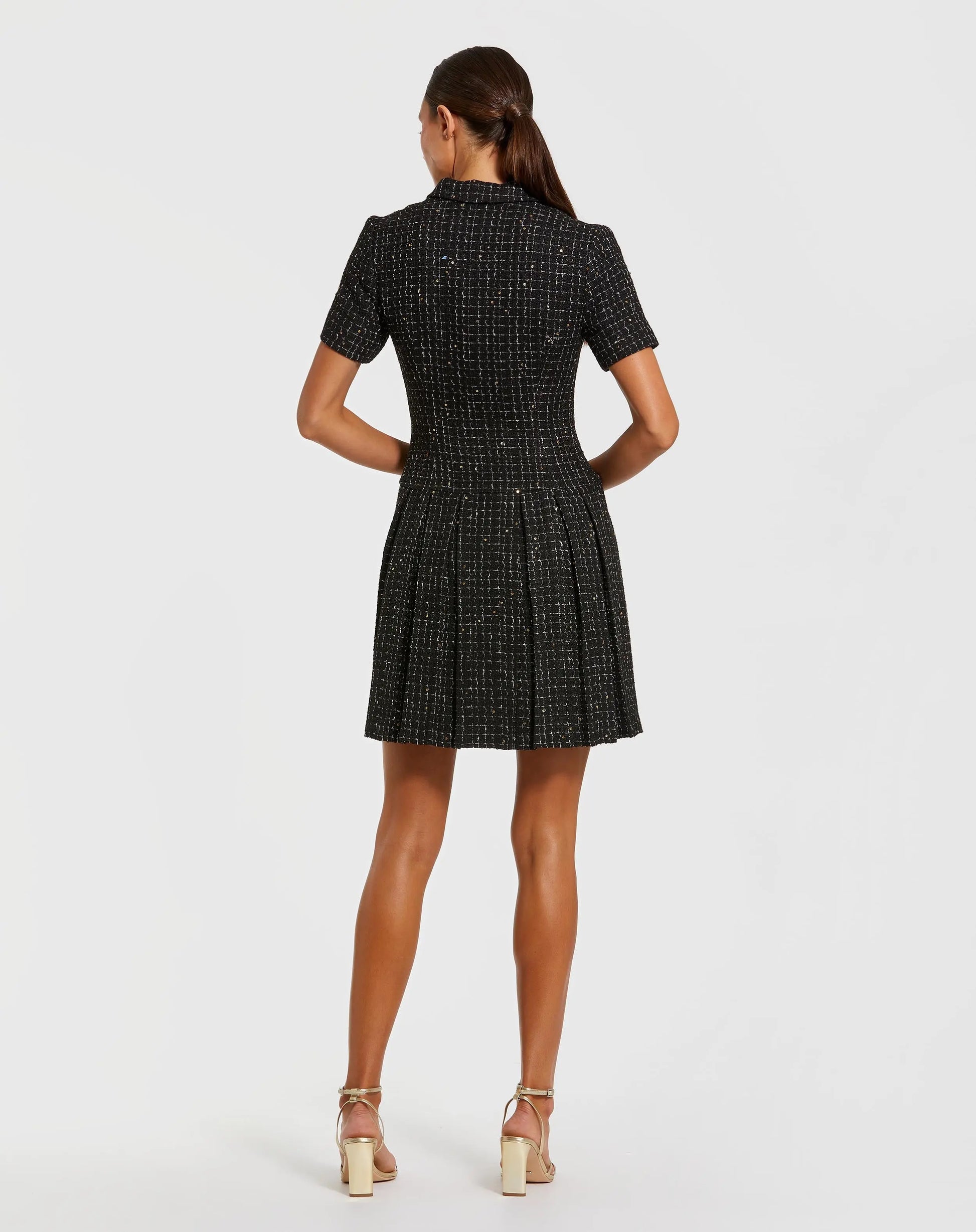 Black Short Sleeve V Neck Tweed Blazer Mini Dress - Ieena for Mac Duggal