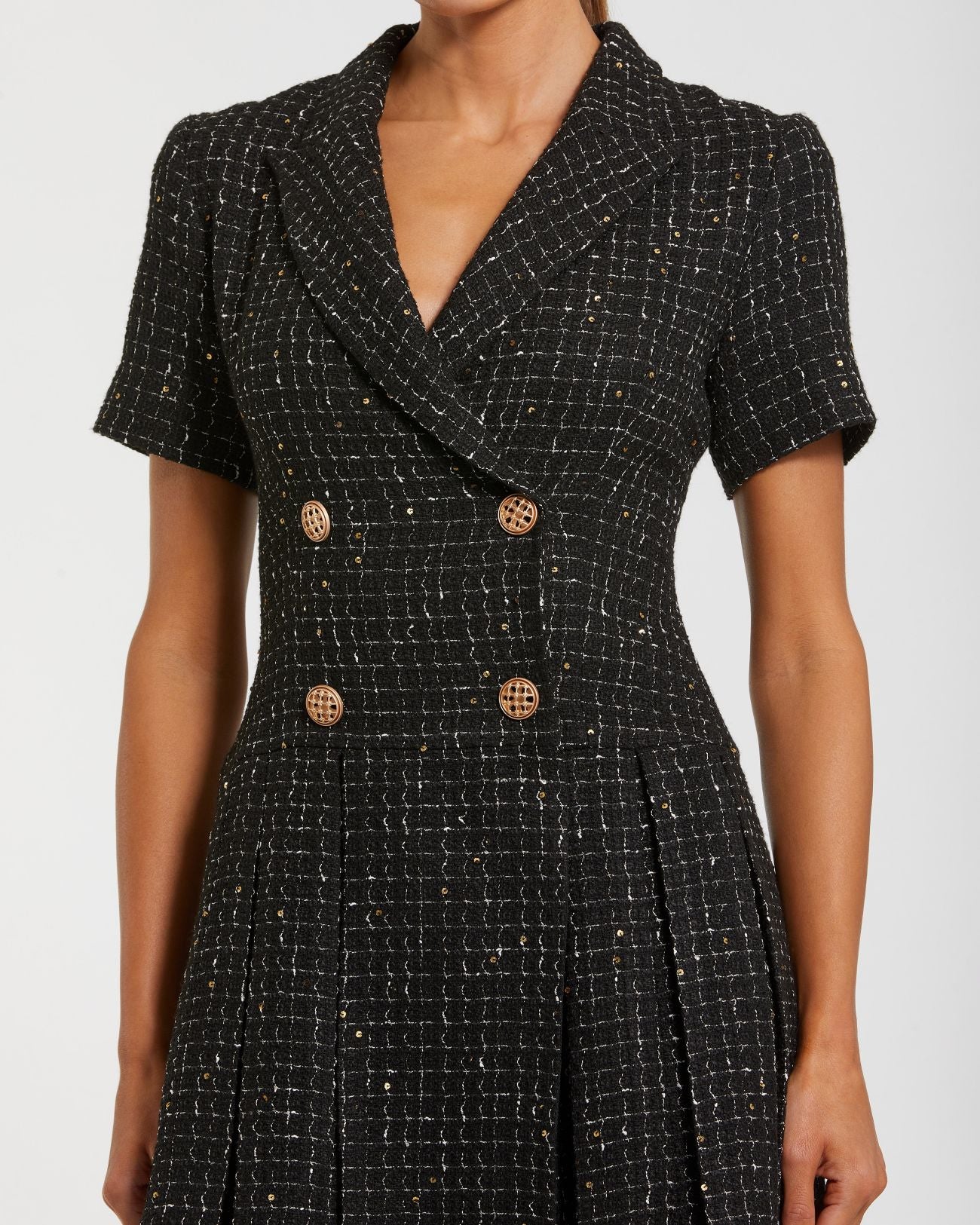 Black Short Sleeve V Neck Tweed Blazer Mini Dress Ieena for Mac Duggal