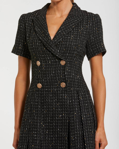 Black Short Sleeve V Neck Tweed Blazer Mini Dress - Ieena for Mac Duggal