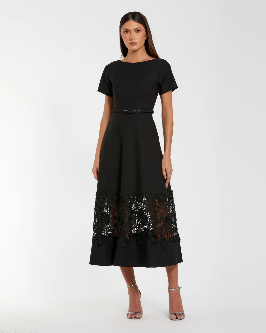 Black Crepe Boat Neck Midi Dress With Belt | Mac Duggal Black Crepe Boat Neck Midi Dress With Belt | Mac Duggal