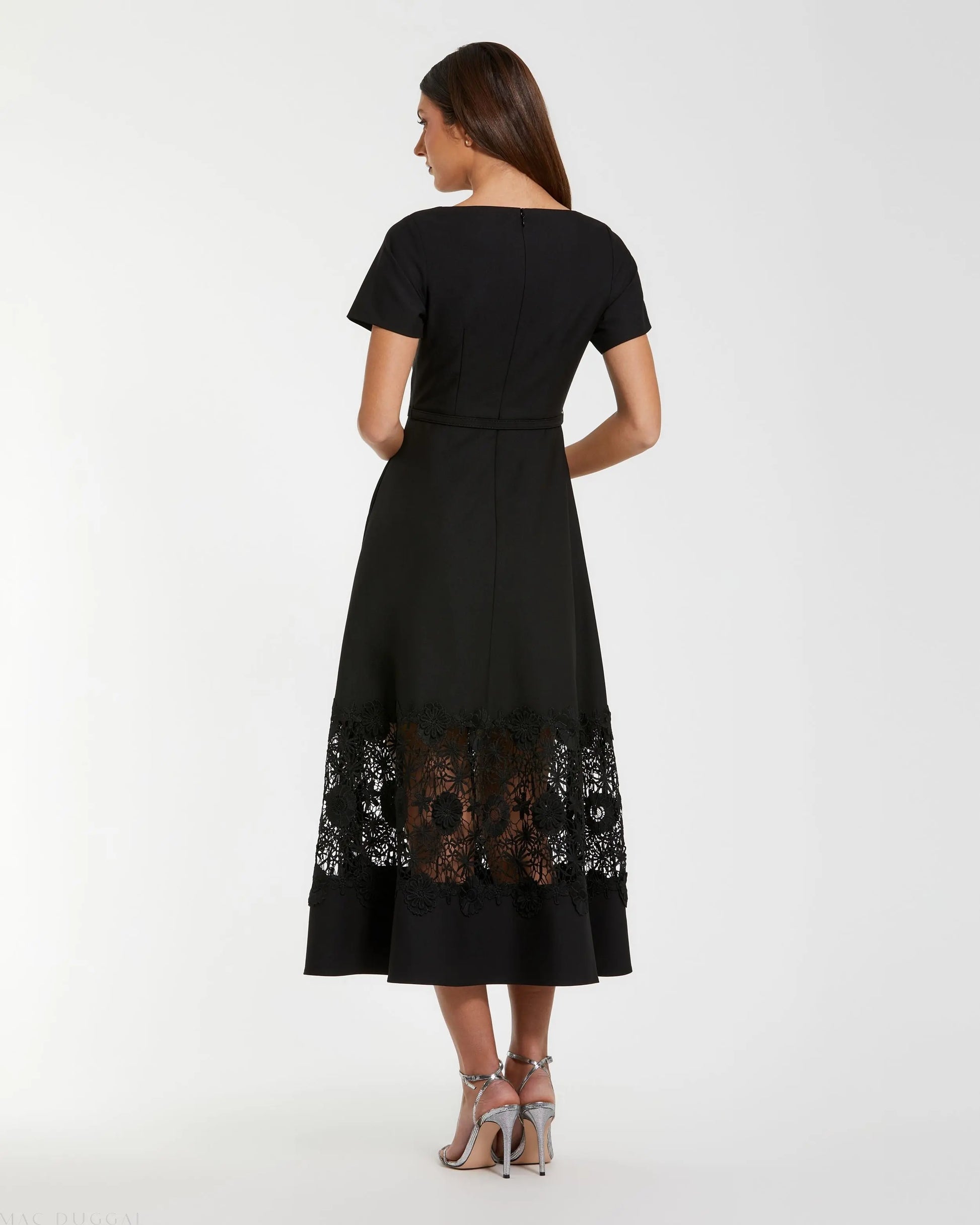 Black Crepe Boat Neck Midi Dress With Belt | Mac Duggal Black Crepe Boat Neck Midi Dress With Belt | Mac Duggal