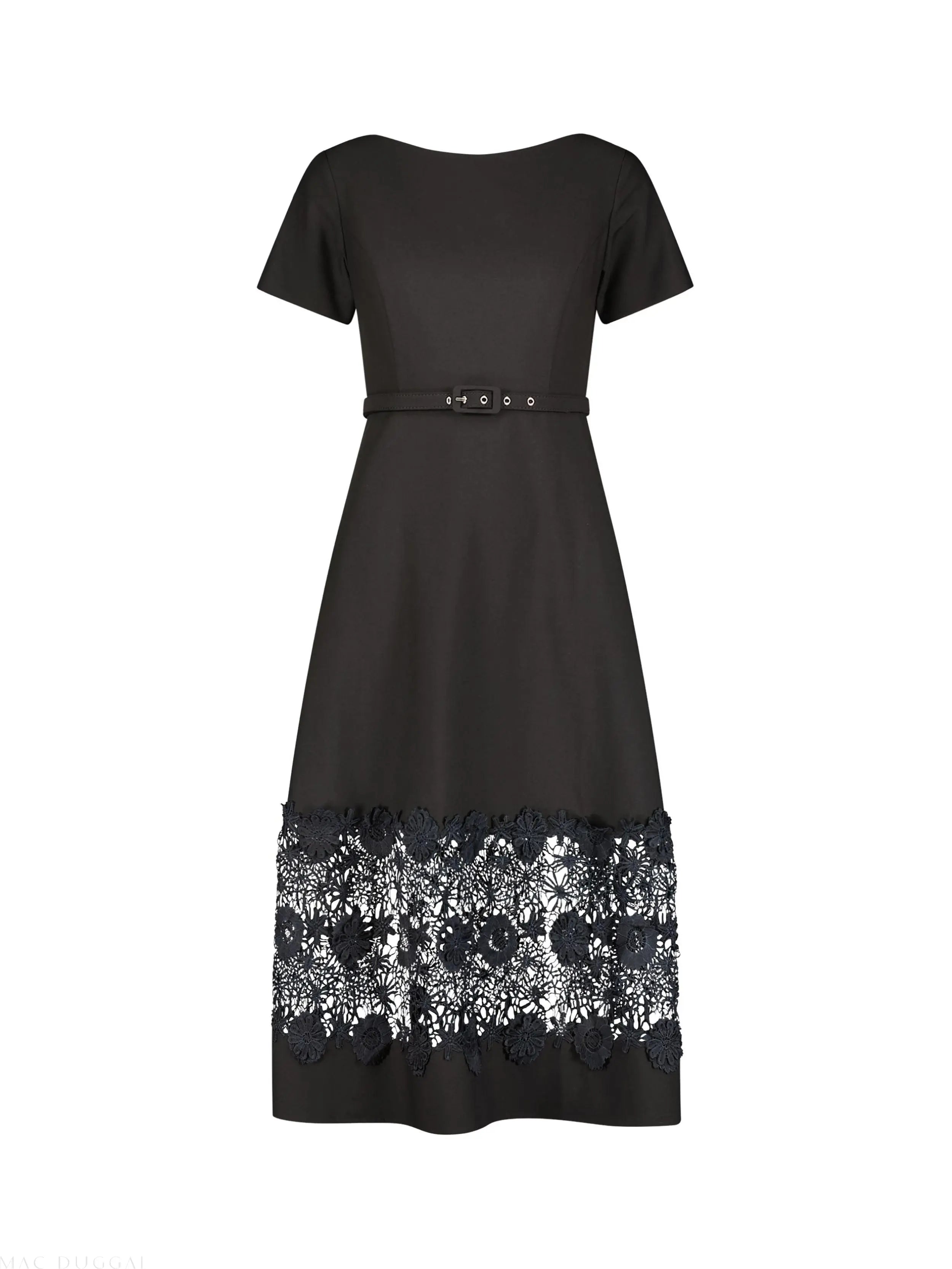 Black Crepe Boat Neck Midi Dress With Belt Mac Duggal