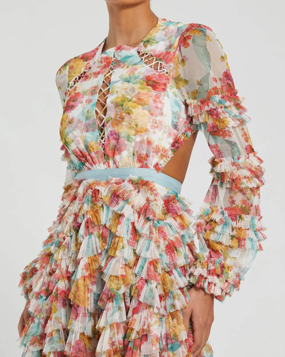 Multicolor Long Sleeve Ruffle Criss Cross Midi Dress | Mac Duggal