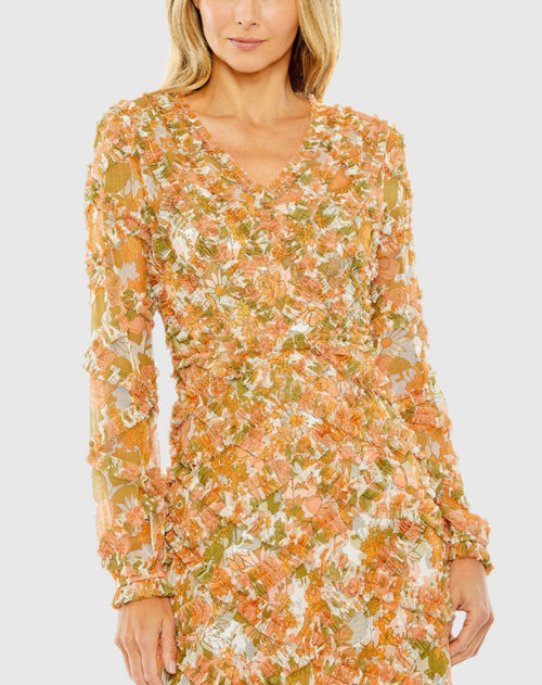 Long Sleeve Low Back Floral V Neck Ruffle Dress