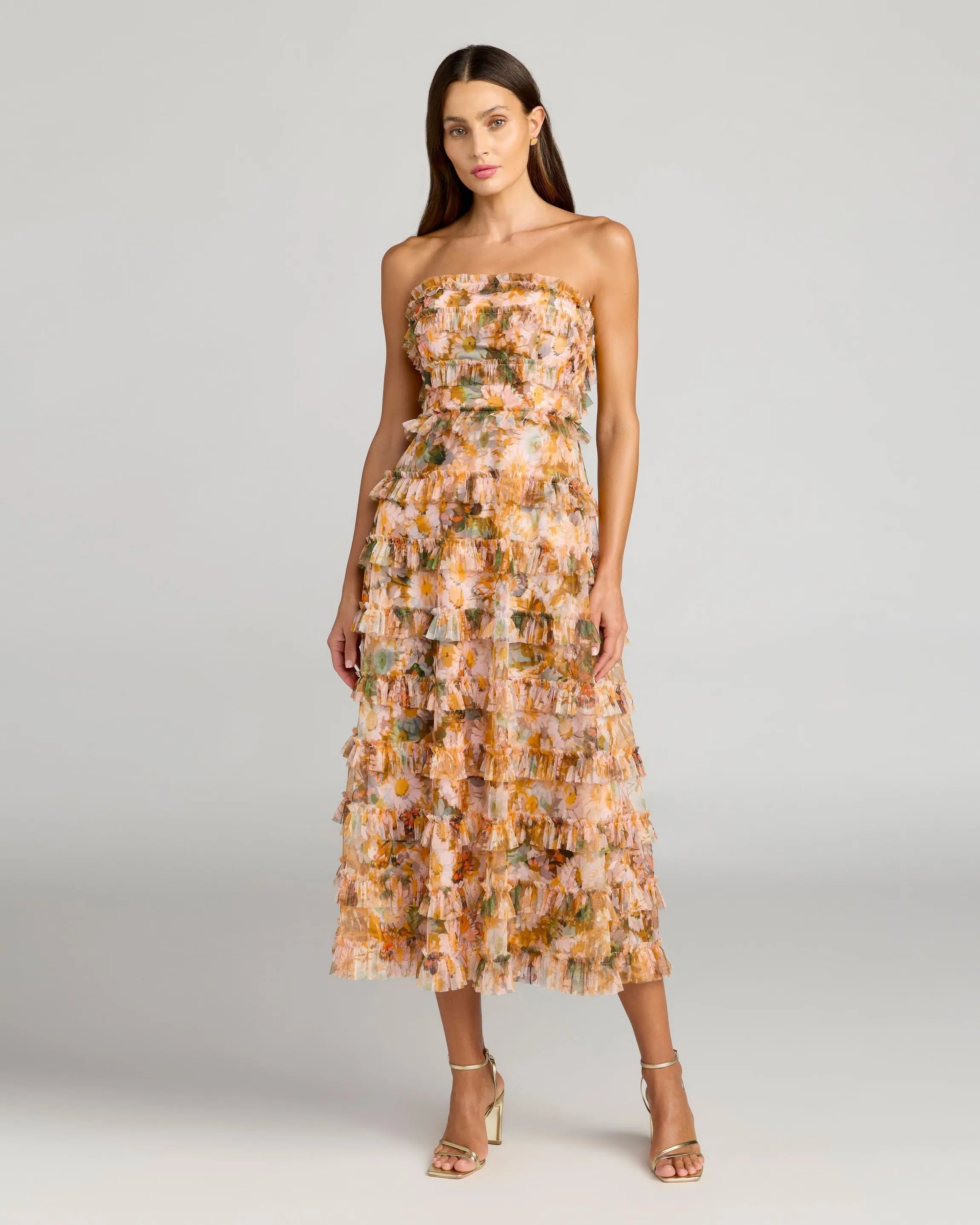 Gold Strapless Floral Micro Ruffle Dress Mac Duggal