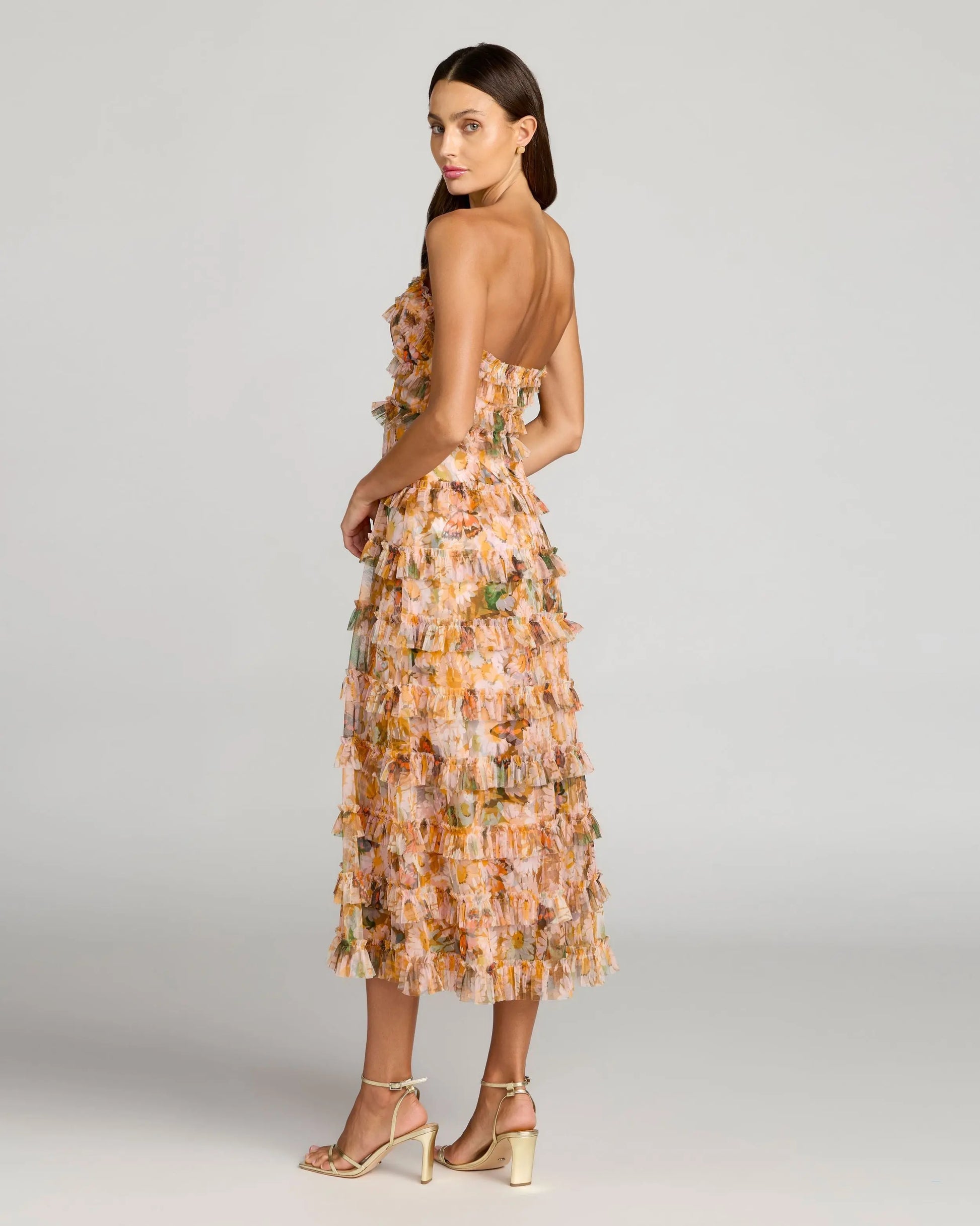 Gold Strapless Floral Micro Ruffle Dress Gold Strapless Floral Micro Ruffle Dress