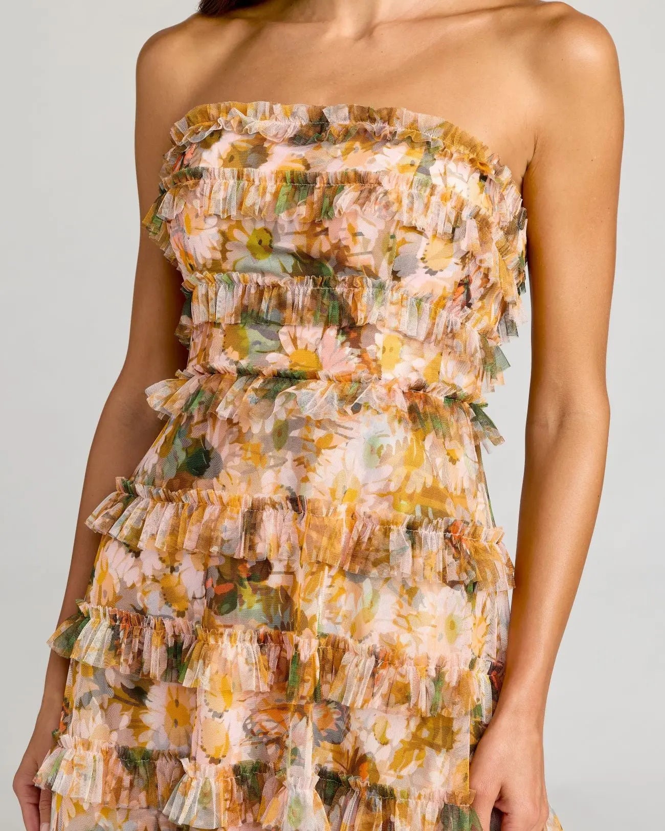 Gold Strapless Floral Micro Ruffle Dress Mac Duggal