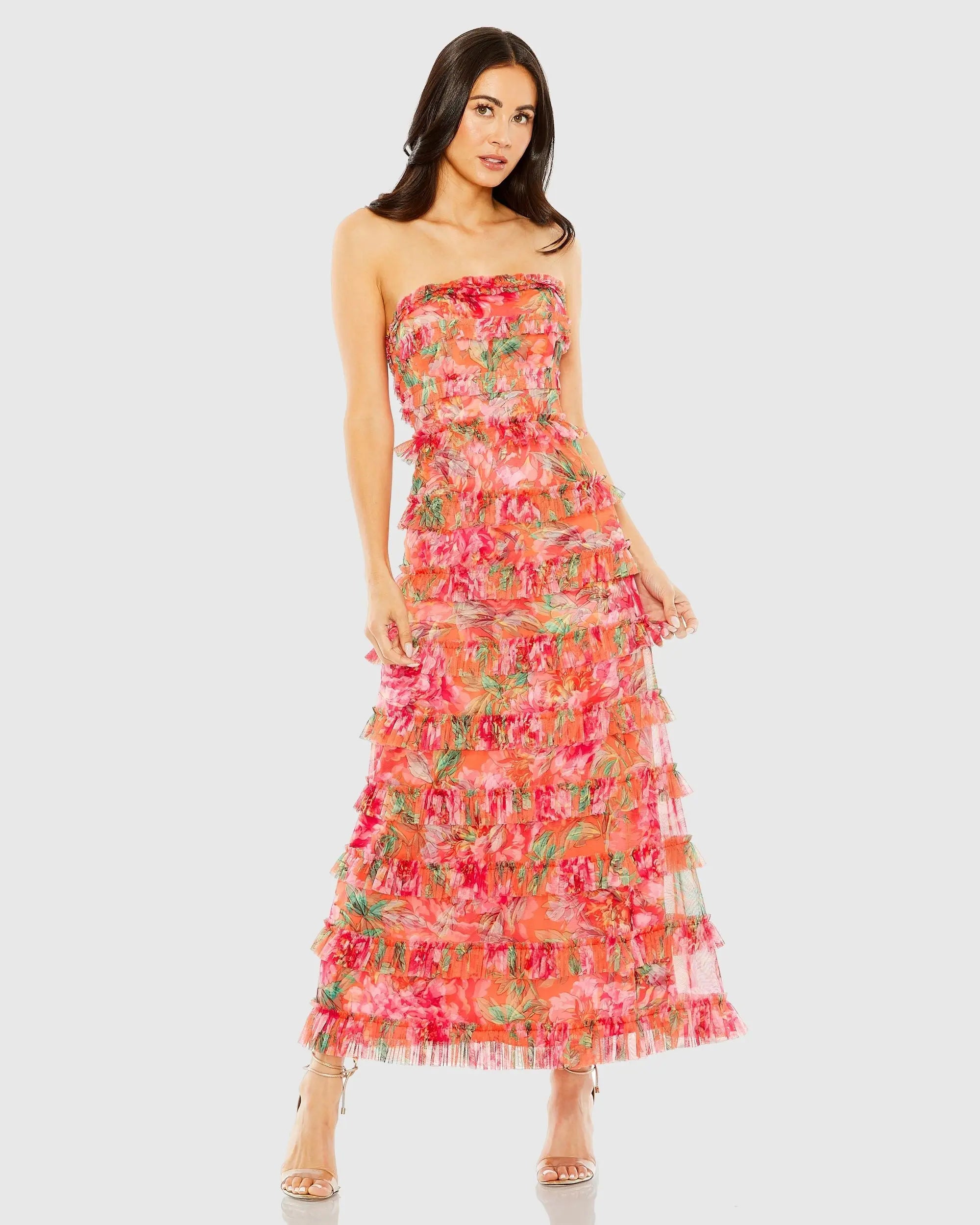 Multicolor Strapless Floral Micro Ruffle Dress - Mac Duggal