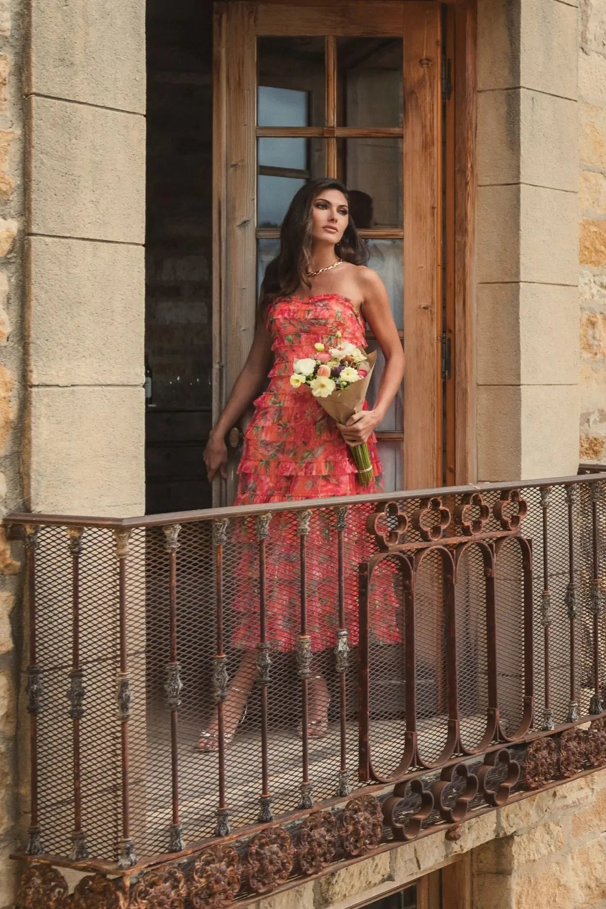 Multicolor Strapless Micro Ruffle Dress