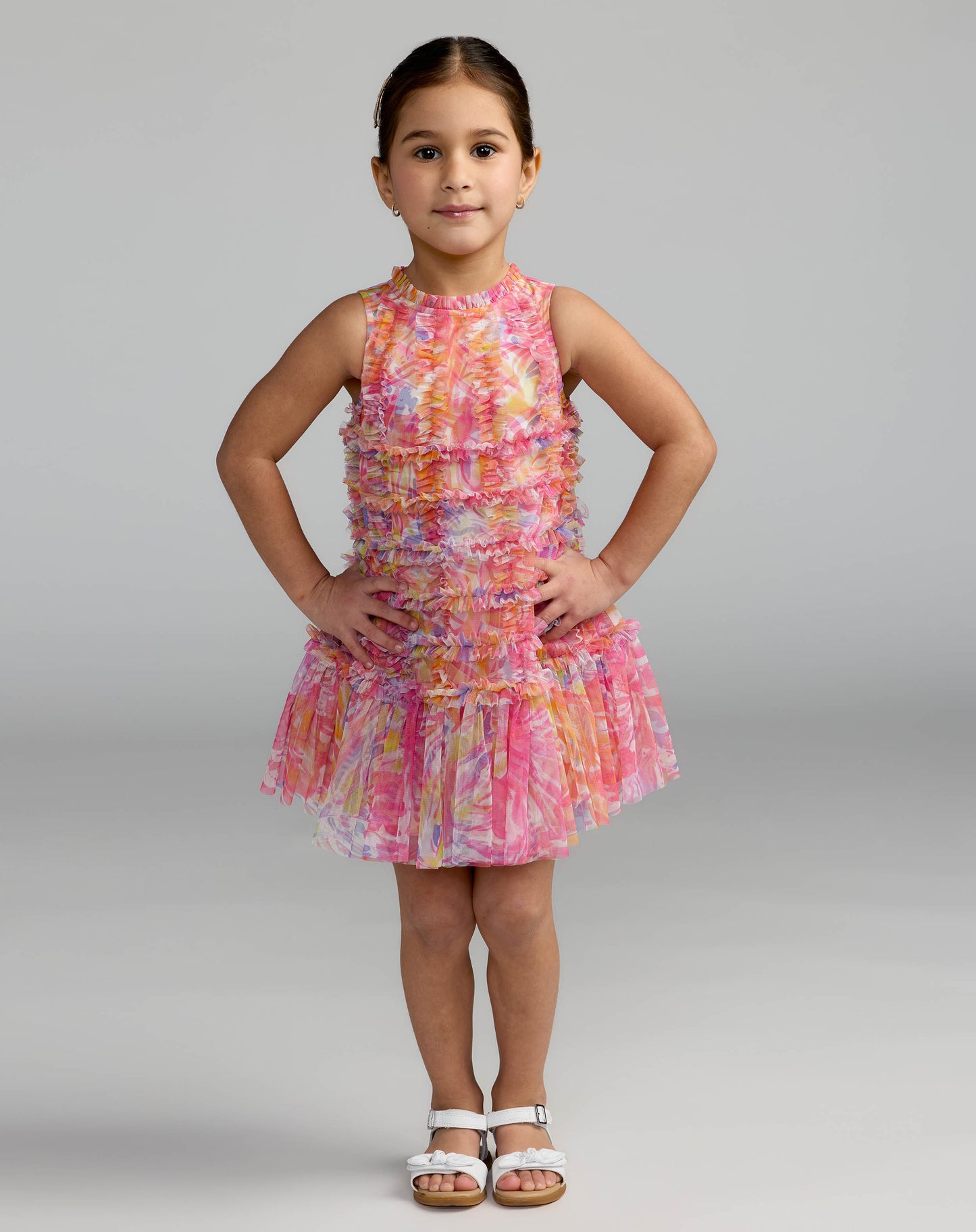 Girls Multicolor Floral High Neck Sleeveless Ruffled Dress - Mac Duggal