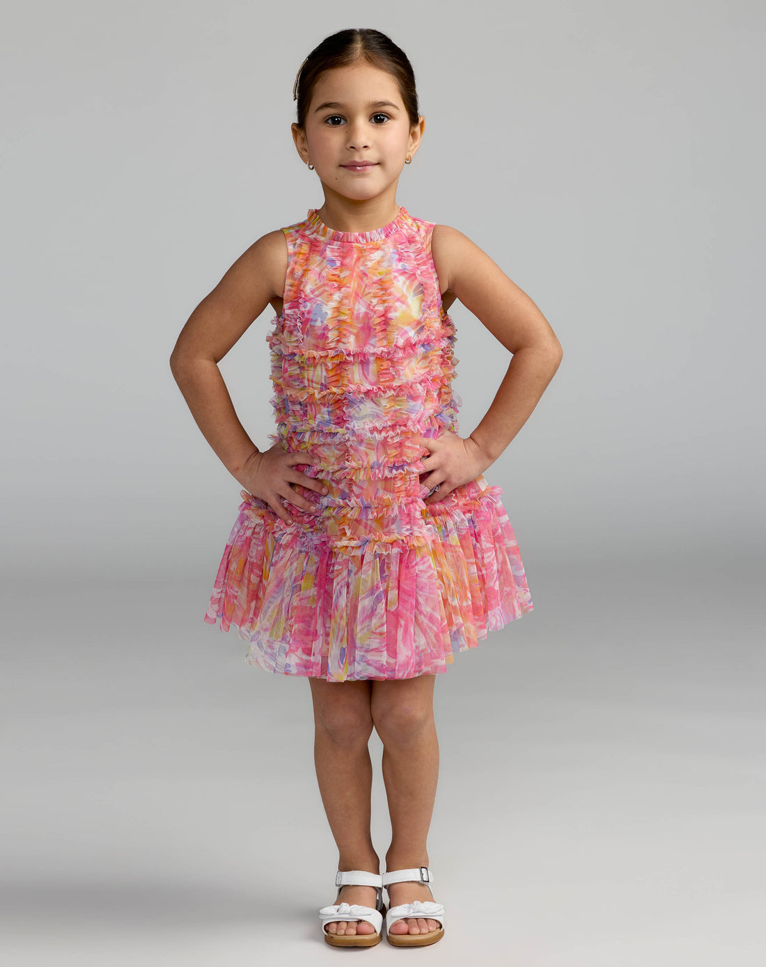 Girls Multicolor Floral High Neck Sleeveless Ruffled Dress - Mac Duggal