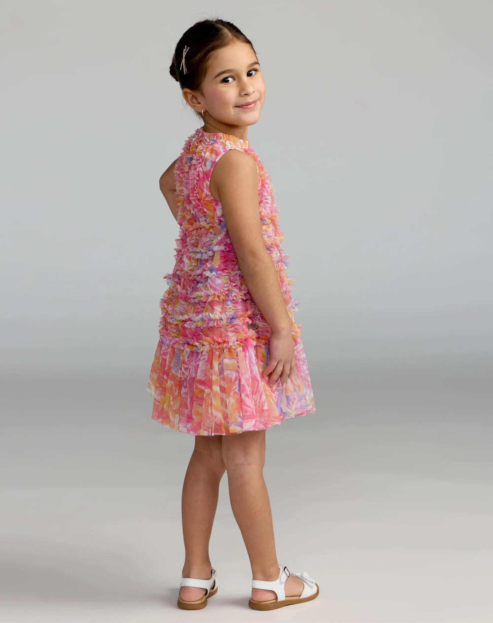 Girls Multicolor Floral High Neck Sleeveless Ruffled Dress - Mac Duggal