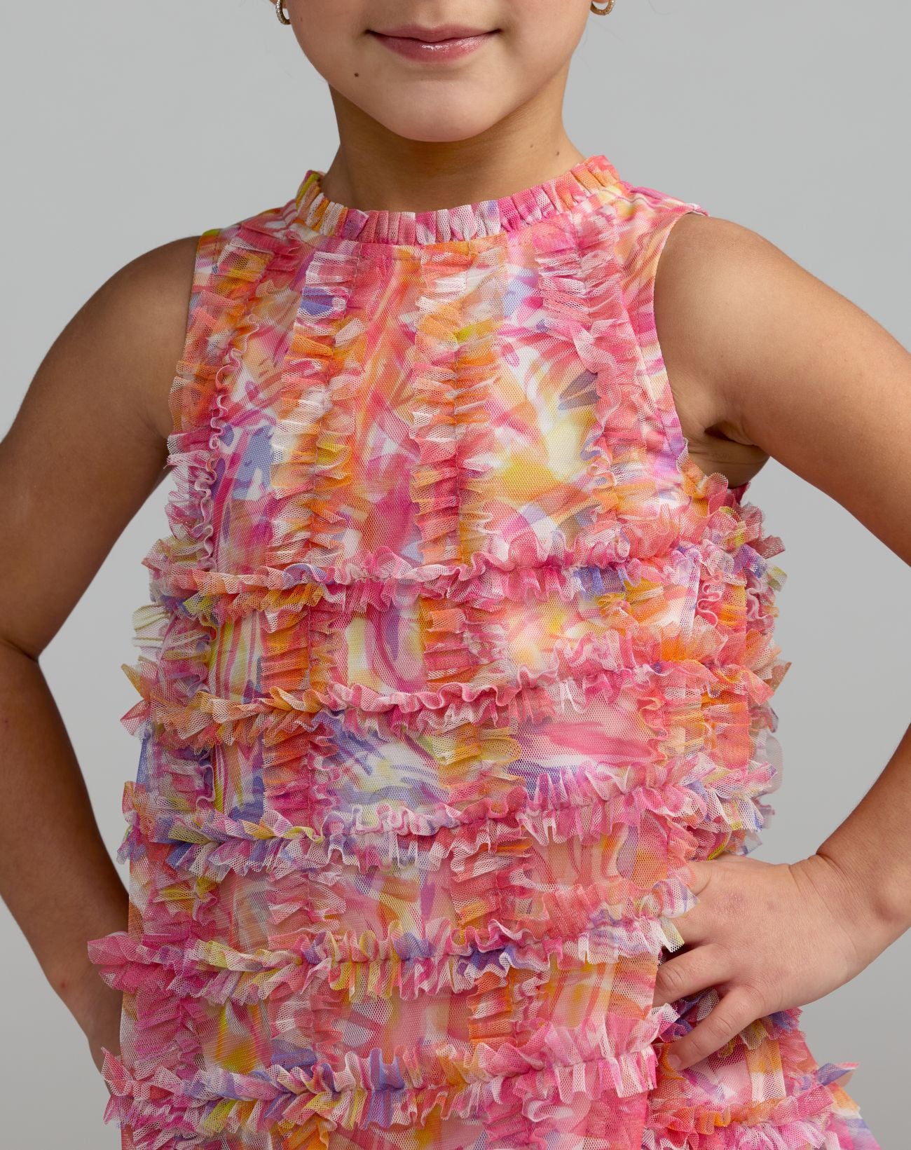 Girls Multicolor Floral High Neck Sleeveless Ruffled Dress - Mac Duggal