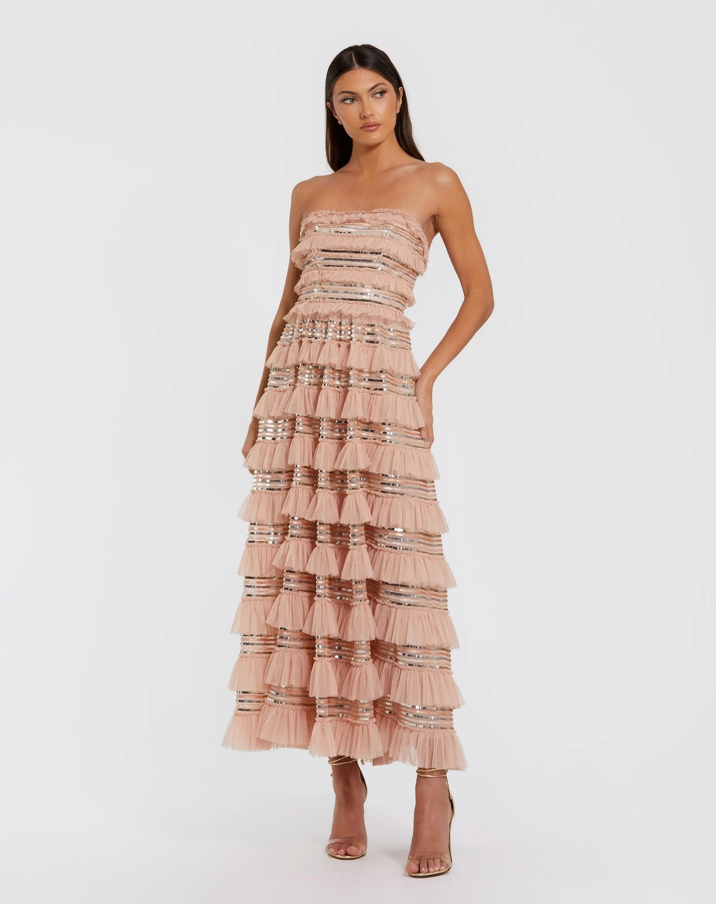 Pink Strapless Sequin Micro Ruffle Maxi Dress | Mac Duggal Pink Strapless Sequin Micro Ruffle Maxi Dress | Mac Duggal