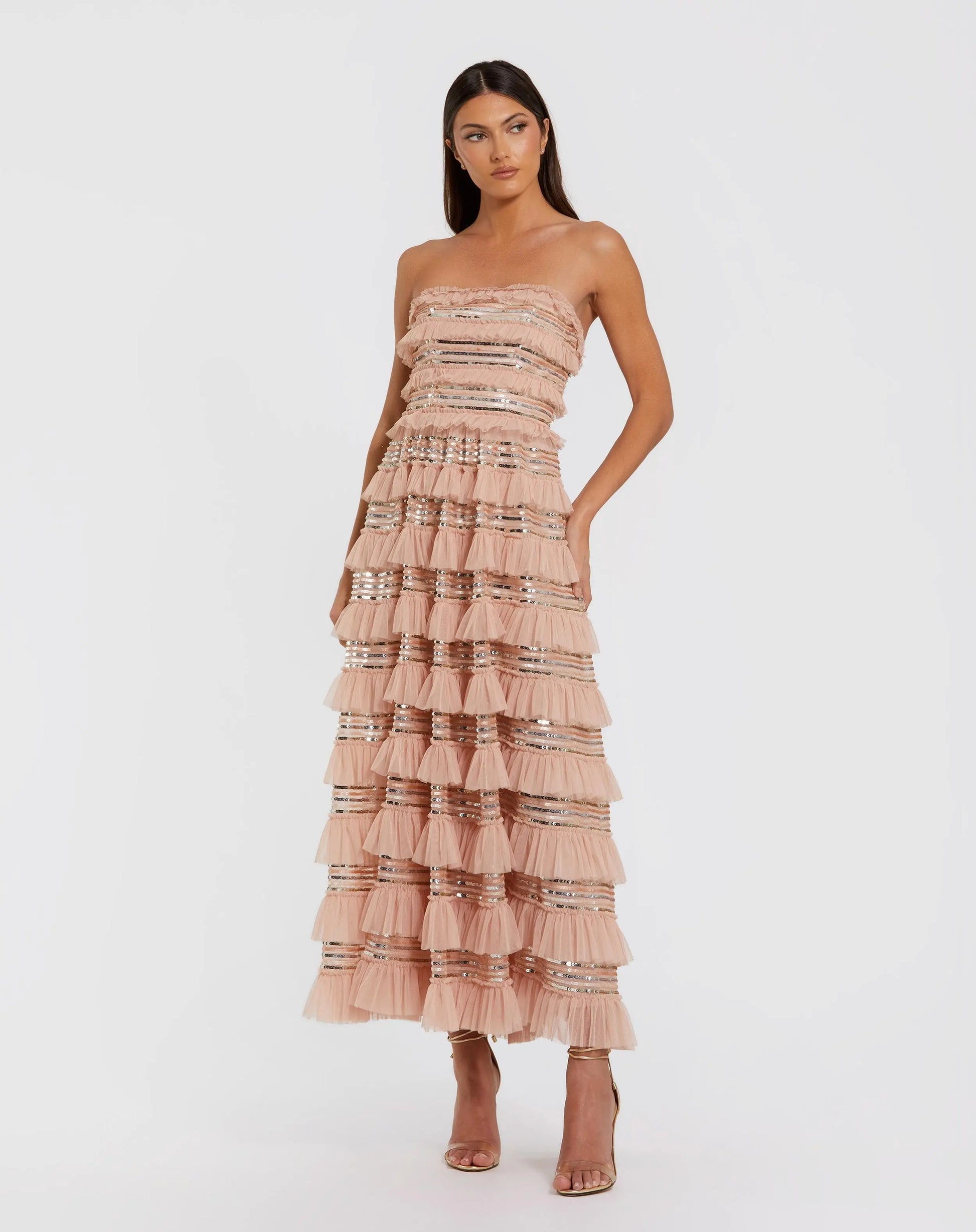 Pink Strapless Sequin Micro Ruffle Maxi Dress | Mac Duggal Pink Strapless Sequin Micro Ruffle Maxi Dress | Mac Duggal