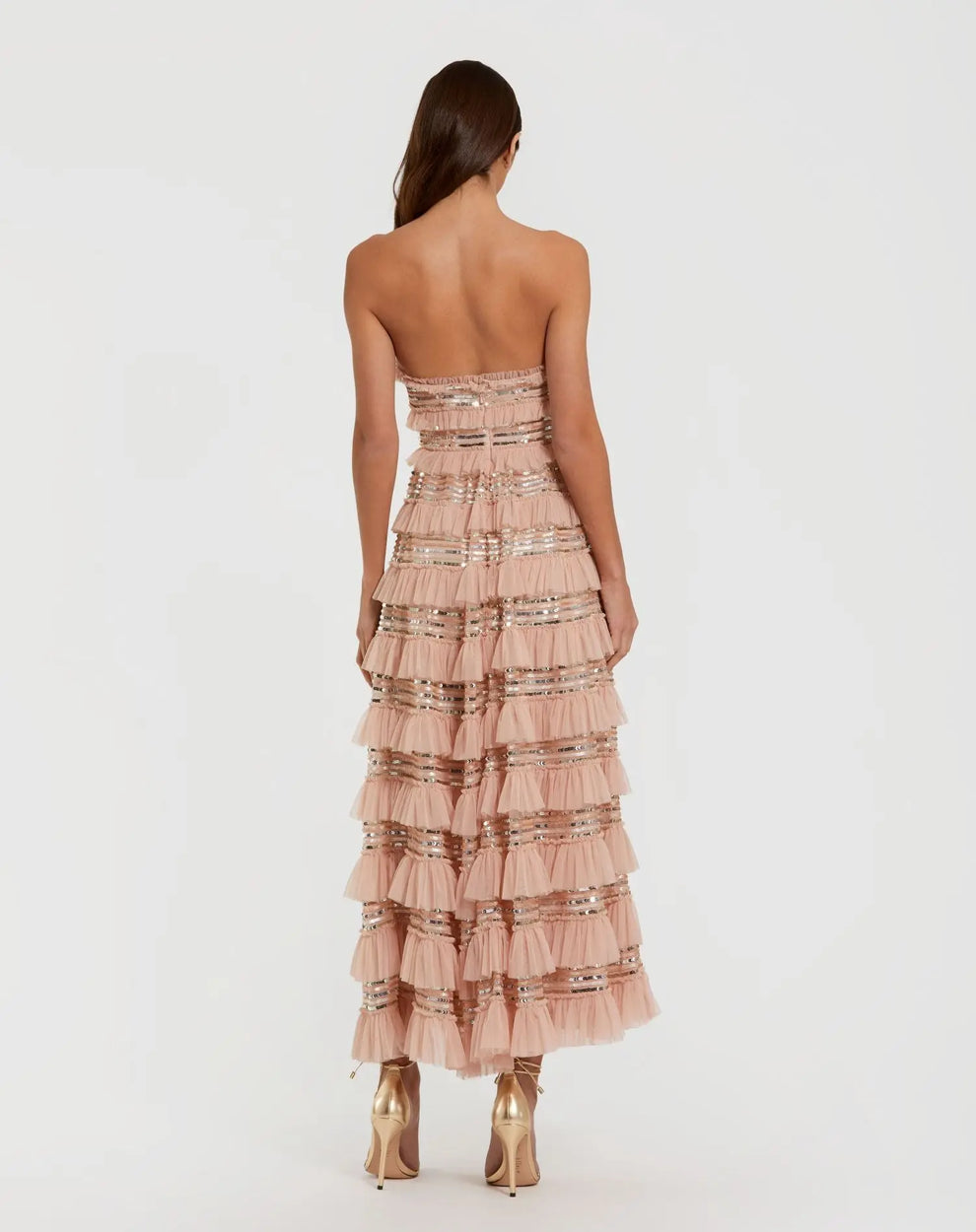 Pink Strapless Sequin Micro Ruffle Maxi Dress | Mac Duggal