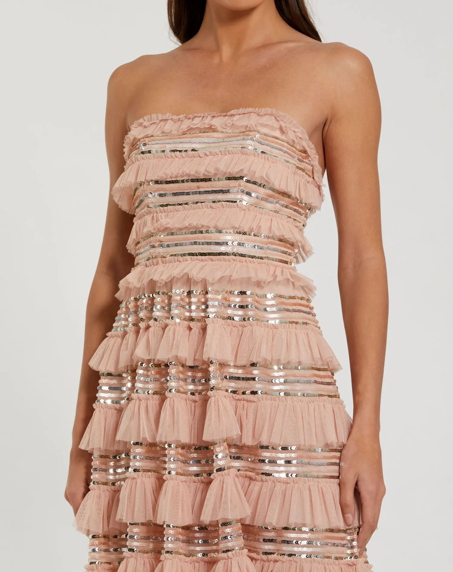 strapless open back dress Pink Strapless Sequin Micro Ruffle Maxi Dress