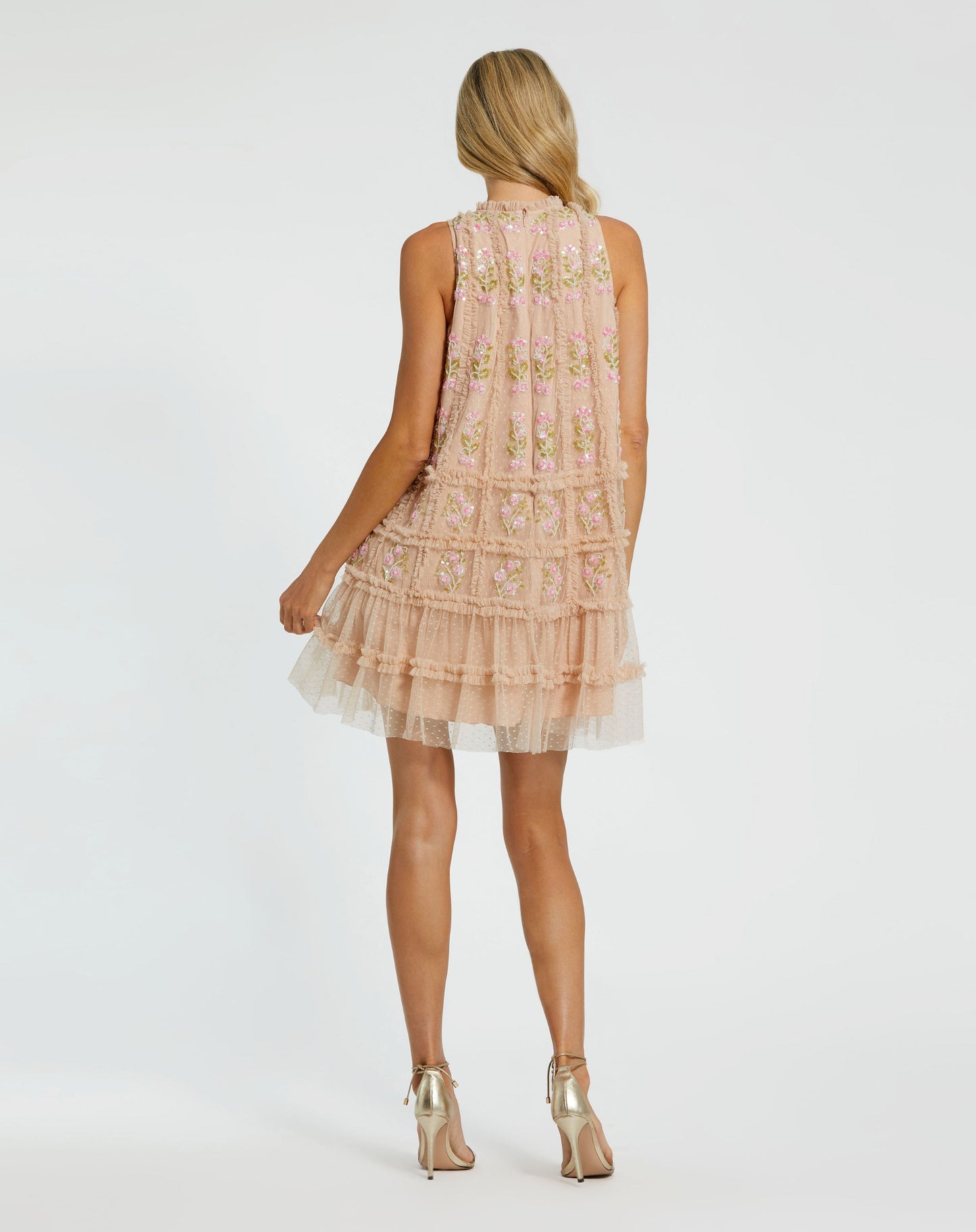 Sleeveless High Neck Beaded Ruffle Detail Dress