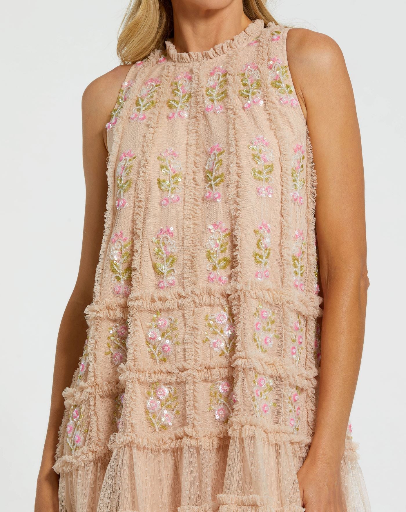 Sleeveless High Neck Beaded Ruffle Detail Dress