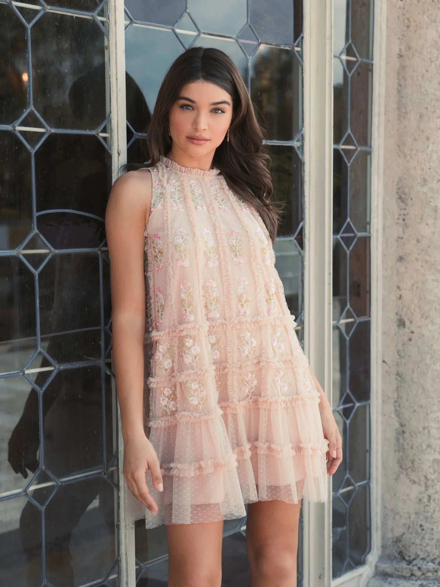 Beige Sleeveless High Neck Beaded Ruffle Mini Dress - Mac Duggal