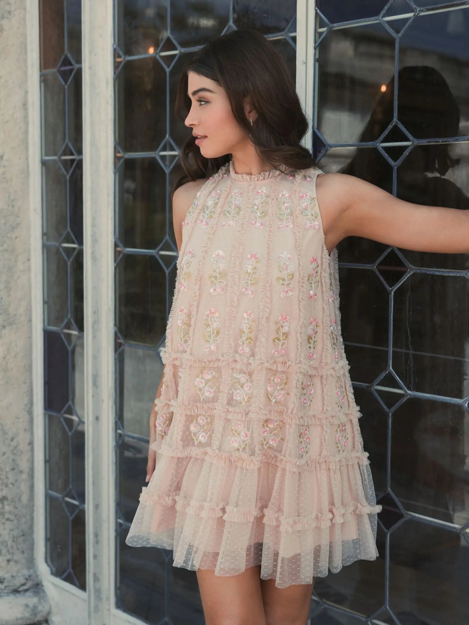 Beige Sleeveless High Neck Beaded Ruffle Mini Dress - Mac Duggal