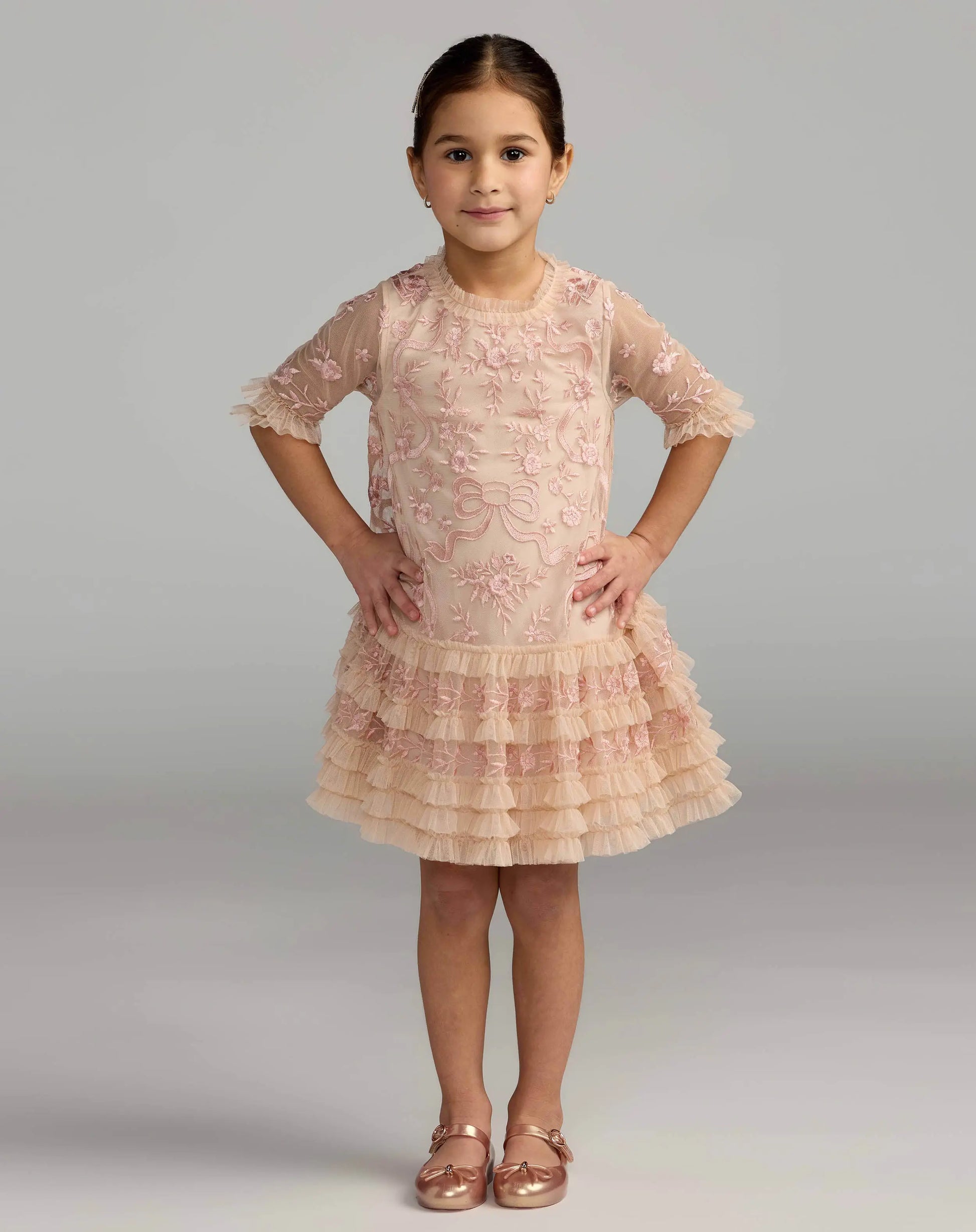 Girls Pink Micro Ruffle Embroidered Mini Dress - Mac Duggal
