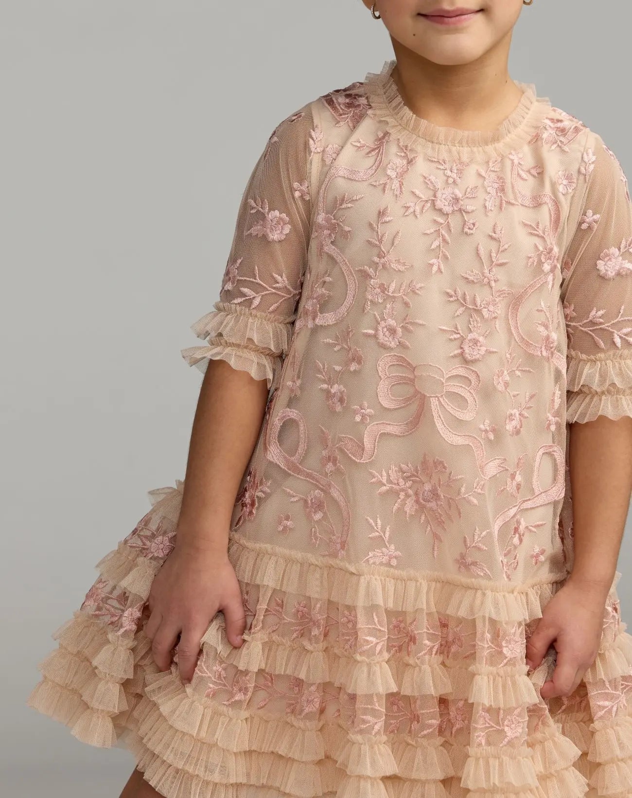 Girls Pink Micro Ruffle Embroidered Mini Dress - Mac Duggal