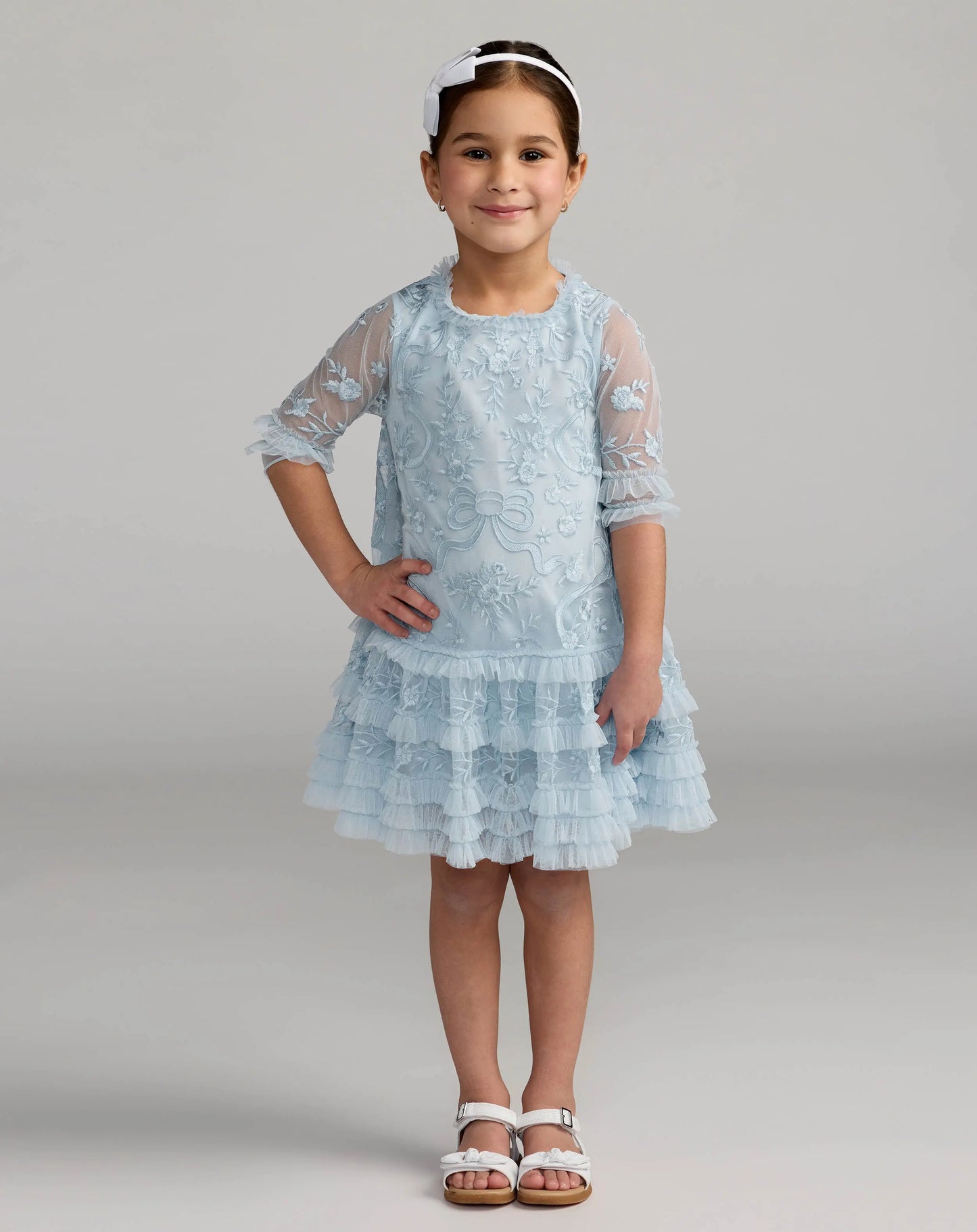Girls Blue Micro Ruffle Embroidered Mini Dress  - Mac Duggal