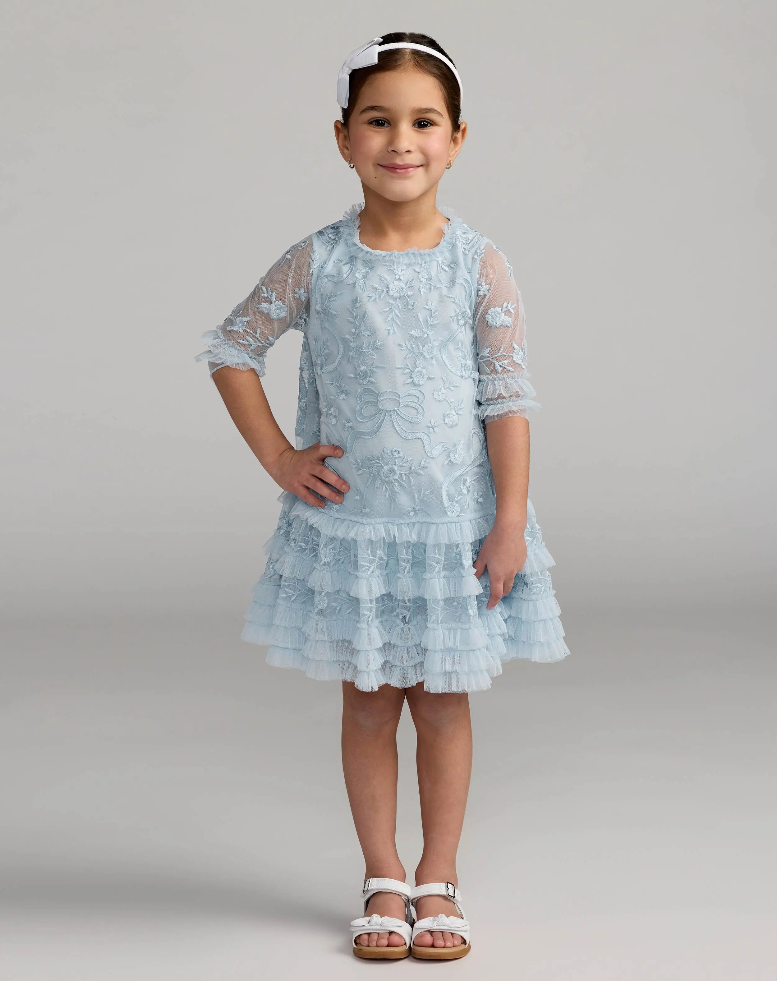 Girls Blue Micro Ruffle Embroidered Mini Dress  - Mac Duggal