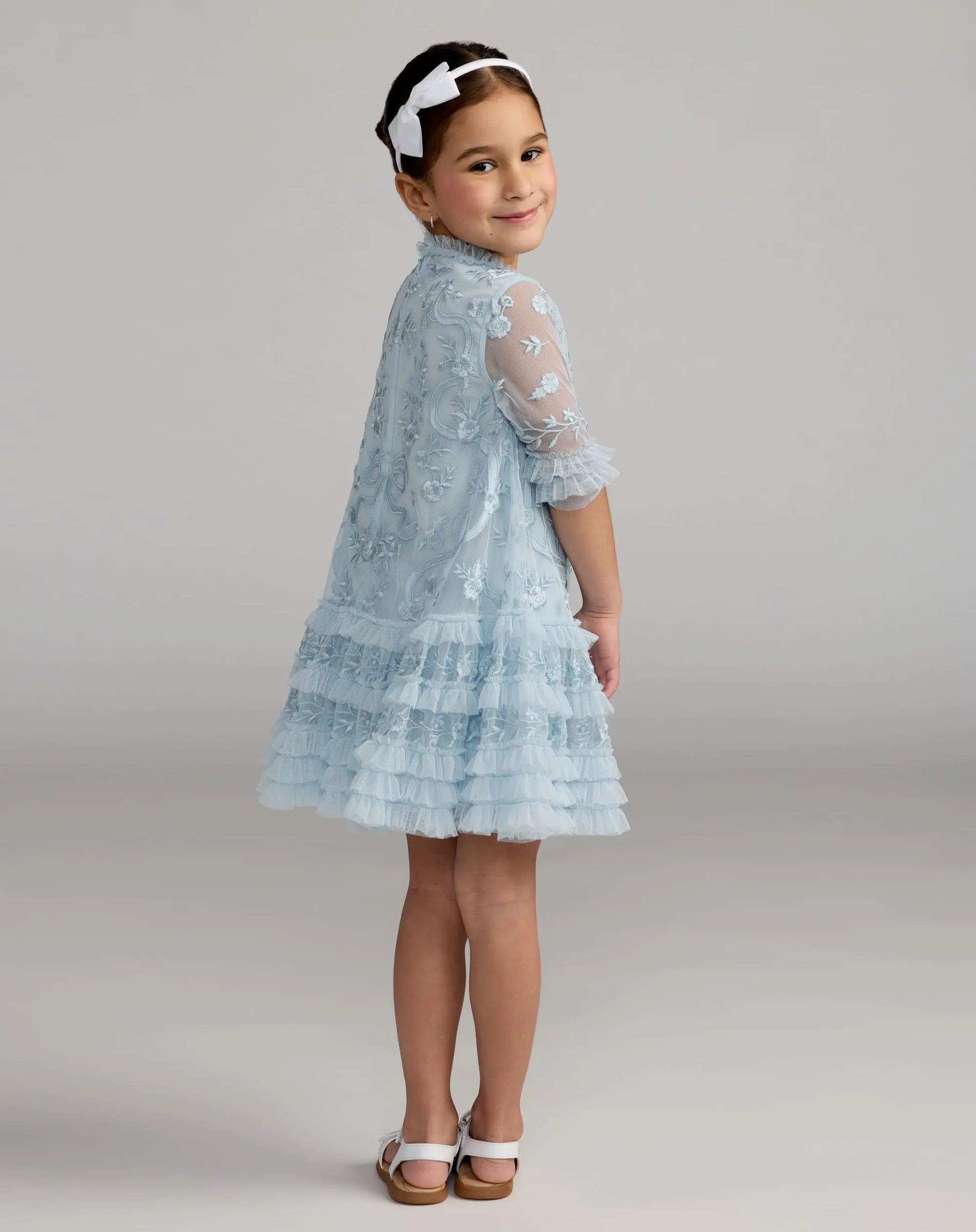 Girls Blue Micro Ruffle Embroidered Mini Dress