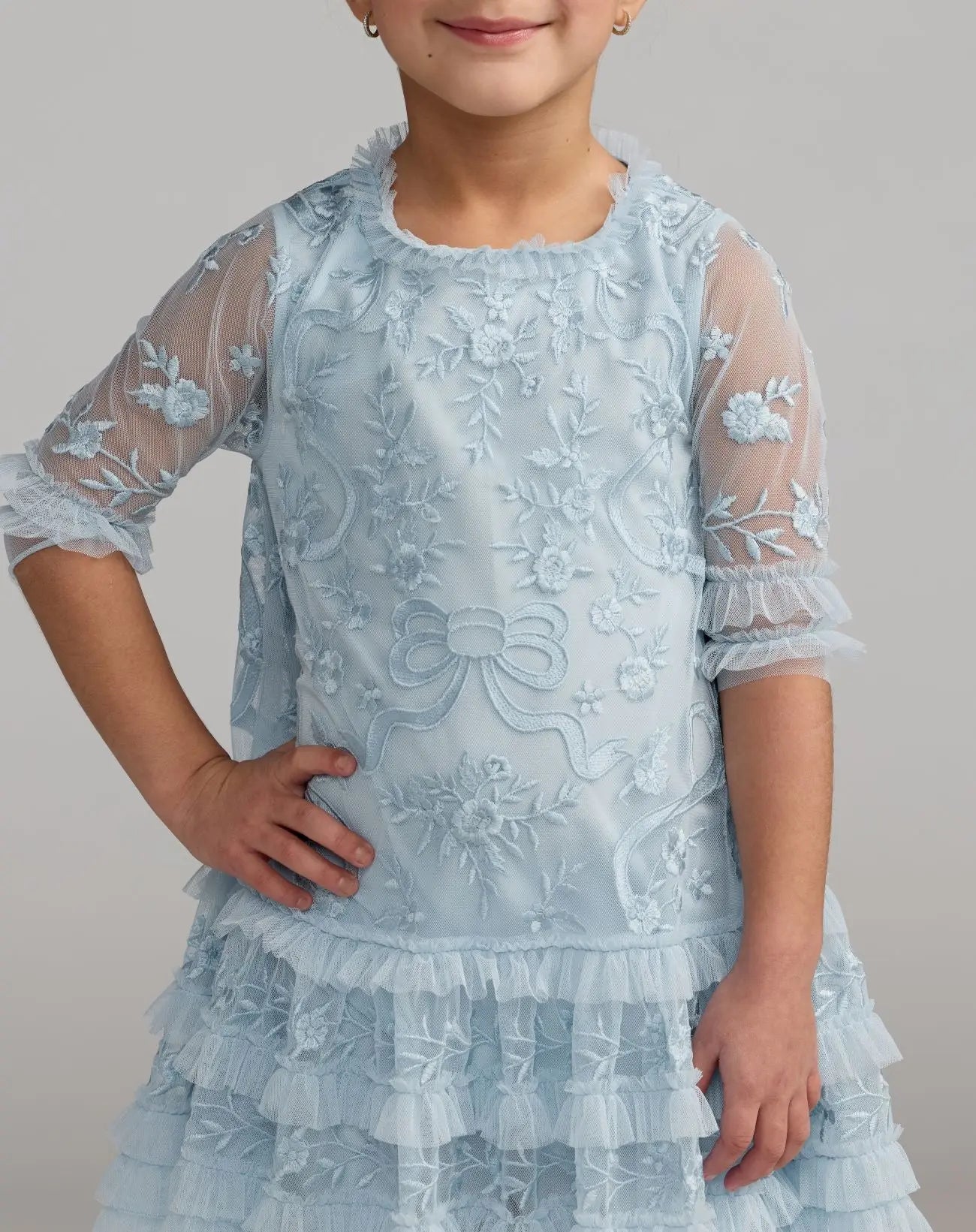 Girls Blue Micro Ruffle Embroidered Mini Dress  - Mac Duggal
