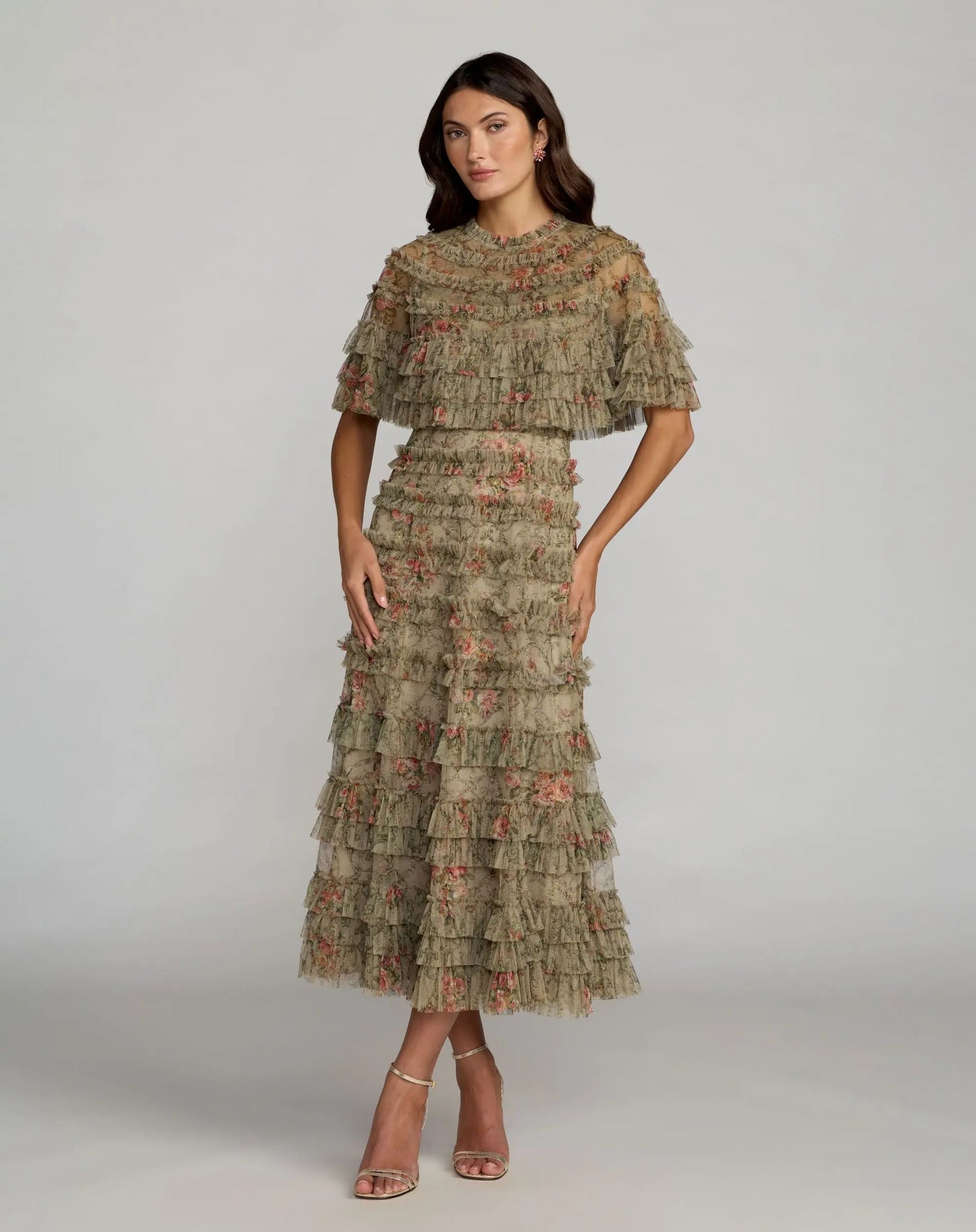 Mac Duggal - Green Floral Ruffle Midi Dress with Cape - Olive / US 18 Mac Duggal - Green Floral Ruffle Midi Dress with Cape - Olive / US 18