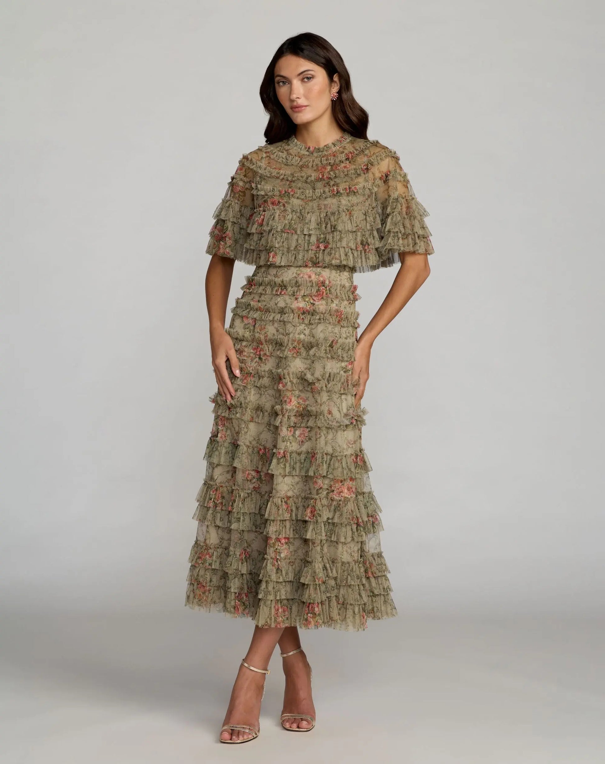 Green Floral Ruffle Midi Dress With Cape Green Floral Ruffle Midi Dress With Cape