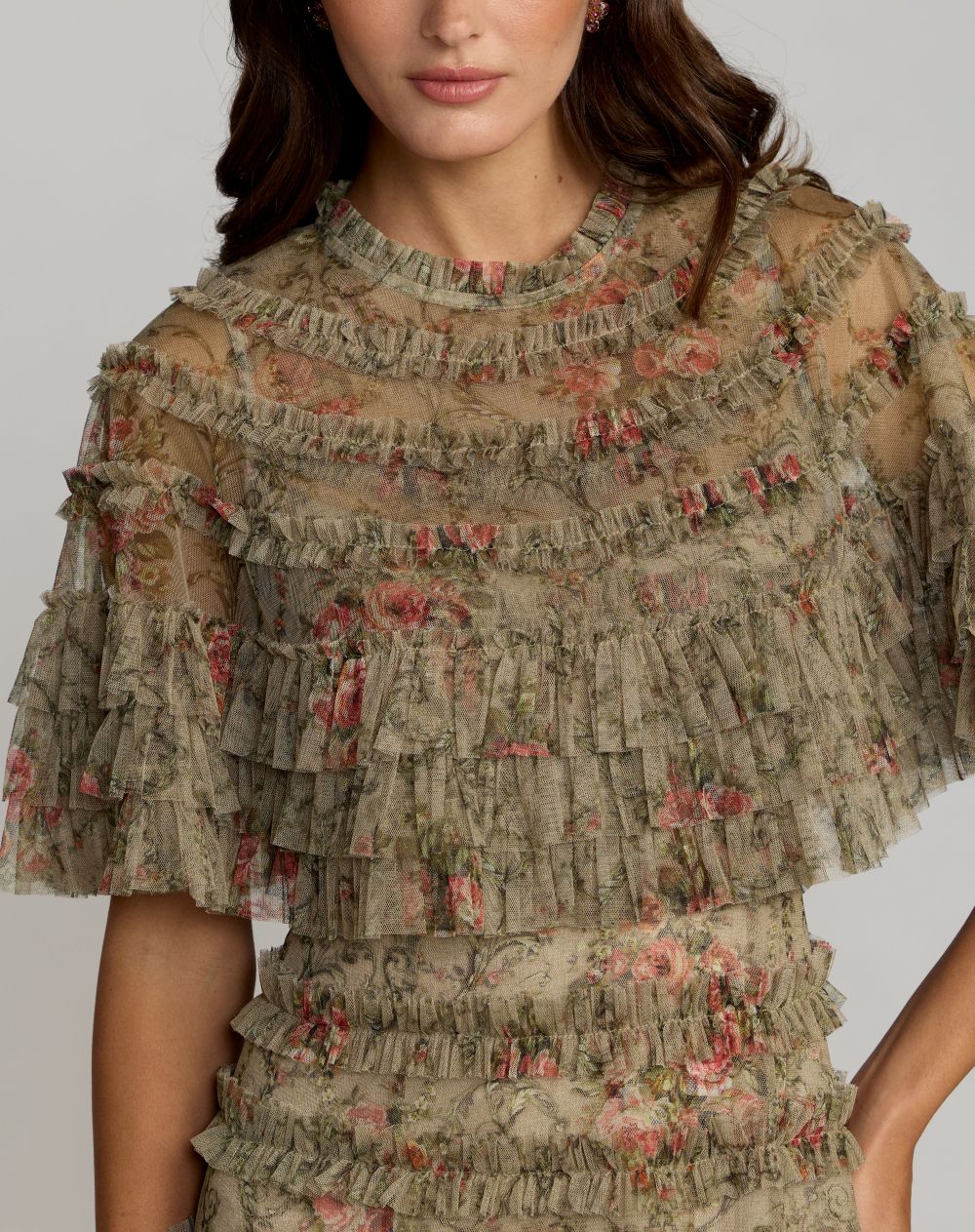 Green Floral Ruffle Midi Dress With Cape - Mac Duggal