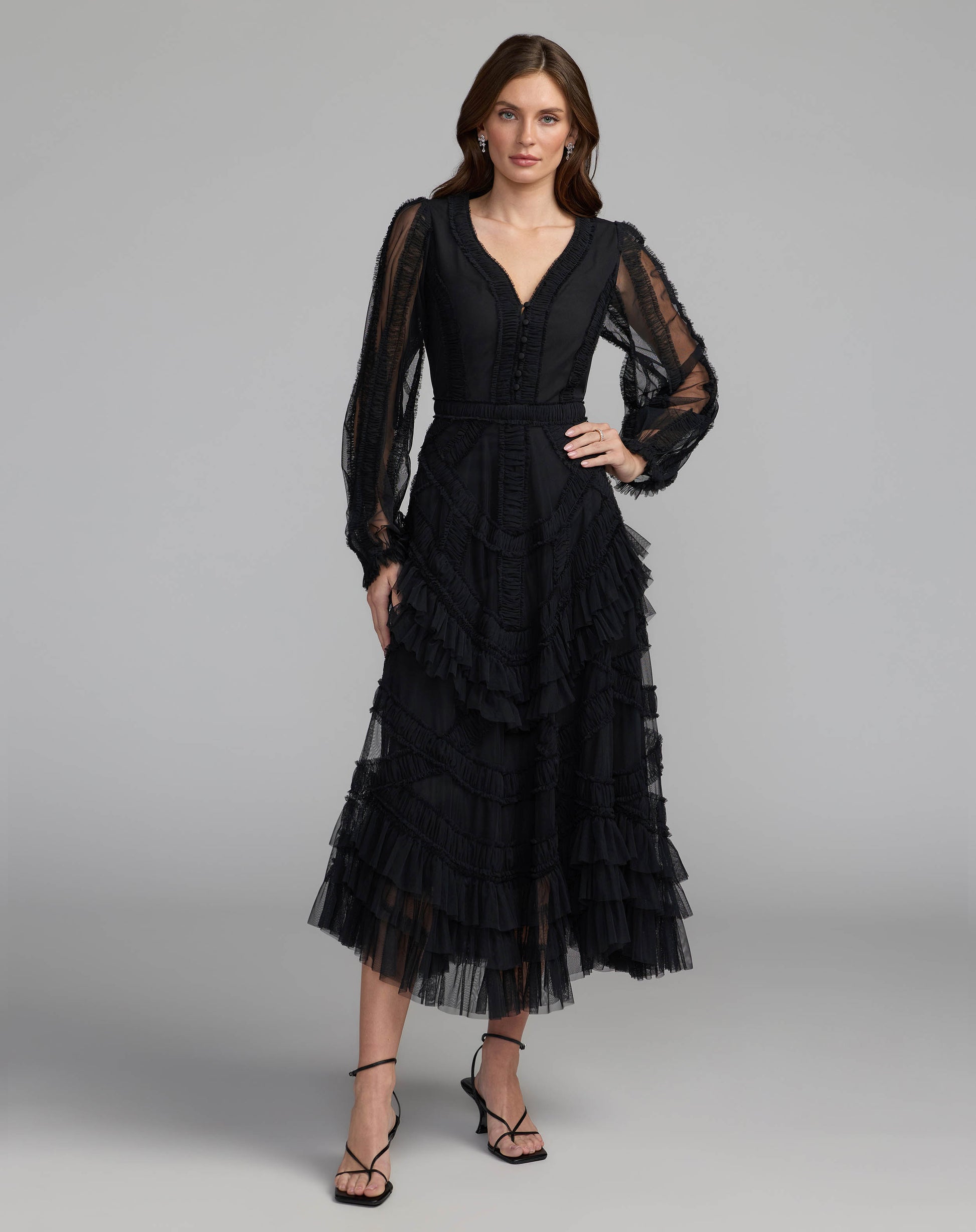 Black Long Sleeve V-Neck Micro Ruffle Midi Dress - Mac Duggal