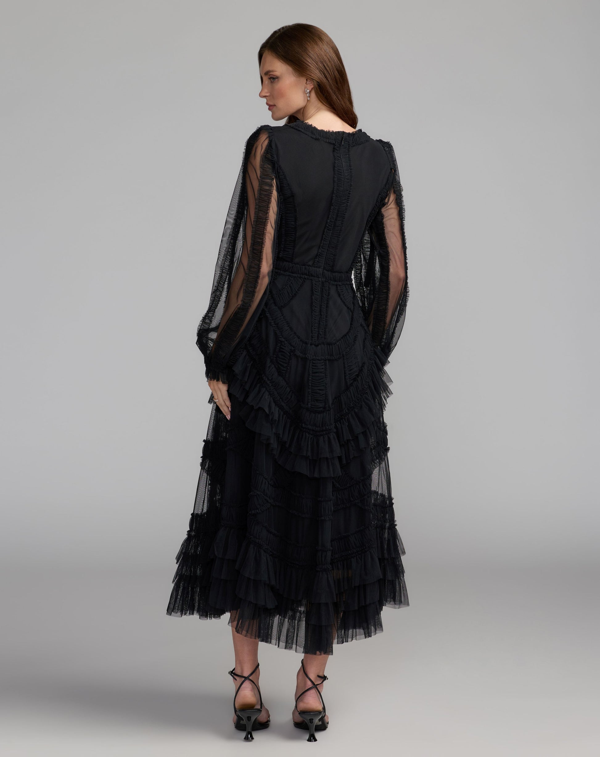 Black Long Sleeve V-Neck Micro Ruffle Midi Dress - Mac Duggal