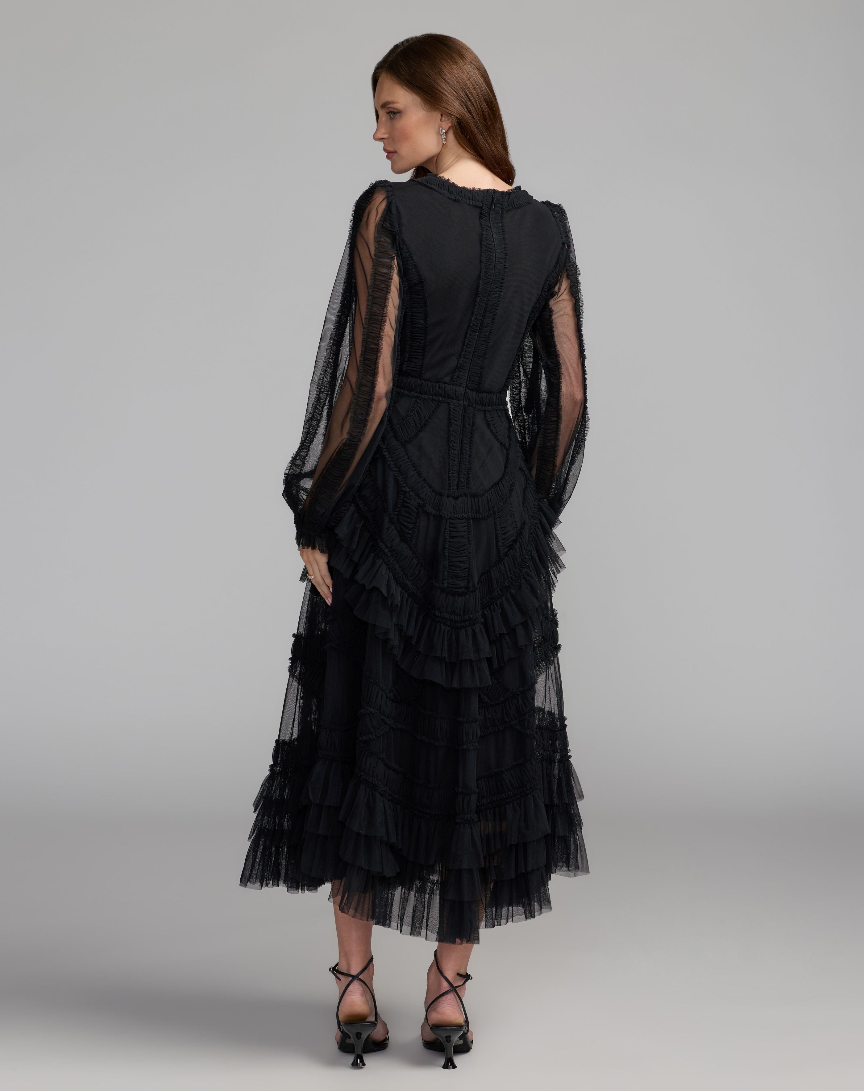 Black Long Sleeve V-Neck Micro Ruffle Midi Dress - Mac Duggal