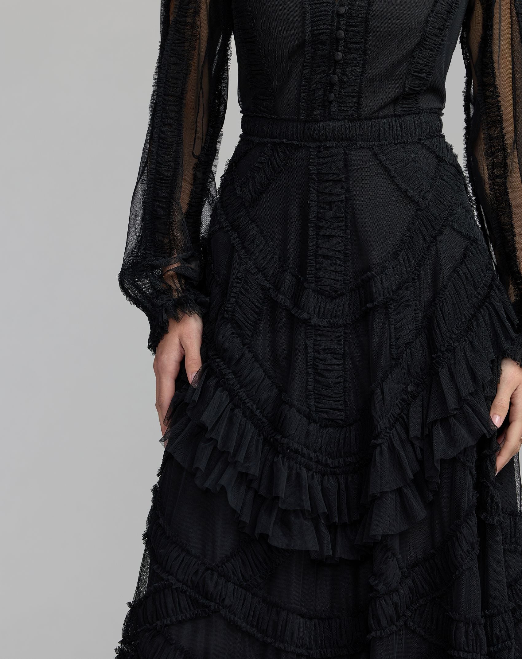Black Long Sleeve V-Neck Micro Ruffle Midi Dress - Mac Duggal
