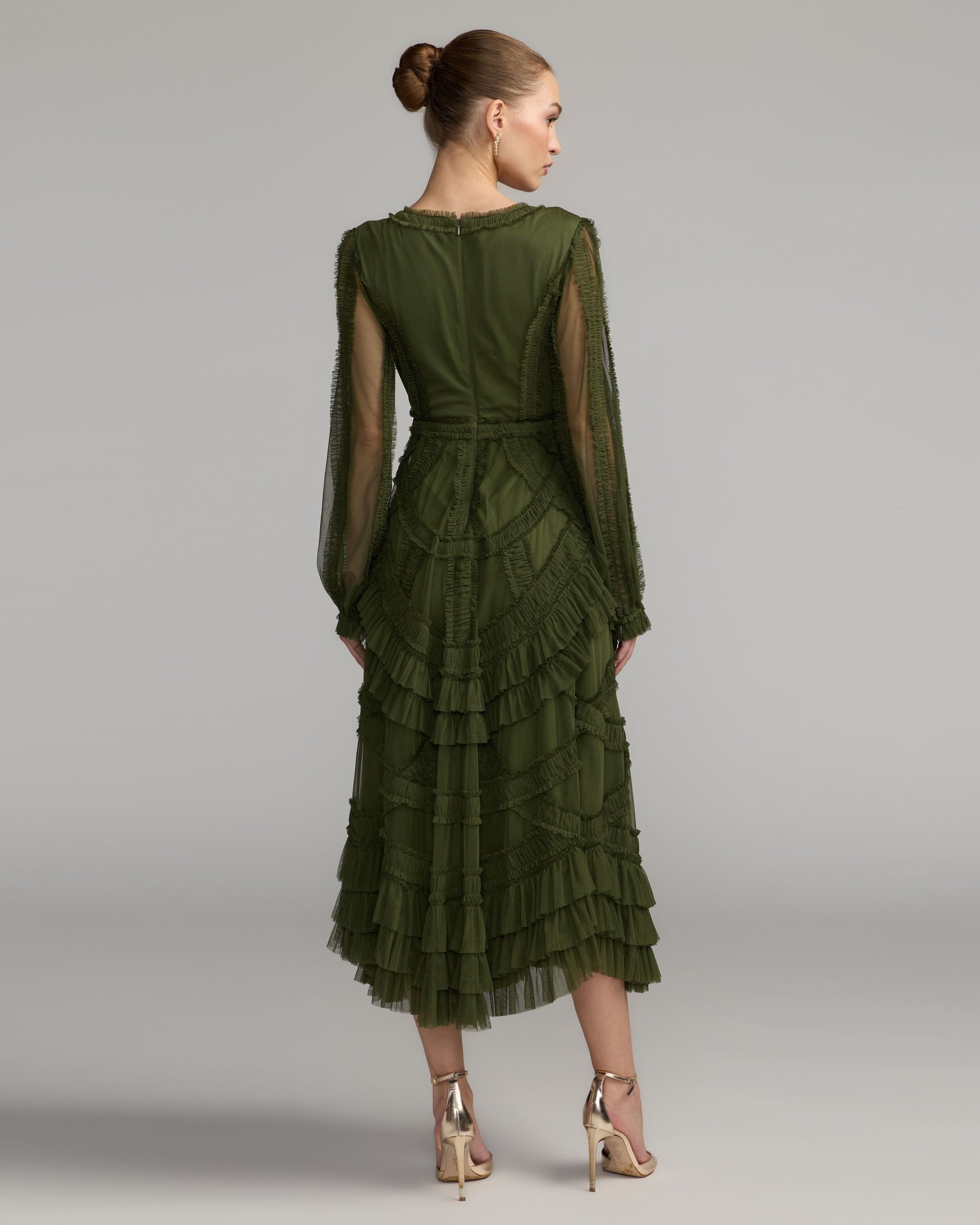 Green Long Sleeve V-Neck Micro Ruffle Midi Dress Mac Duggal