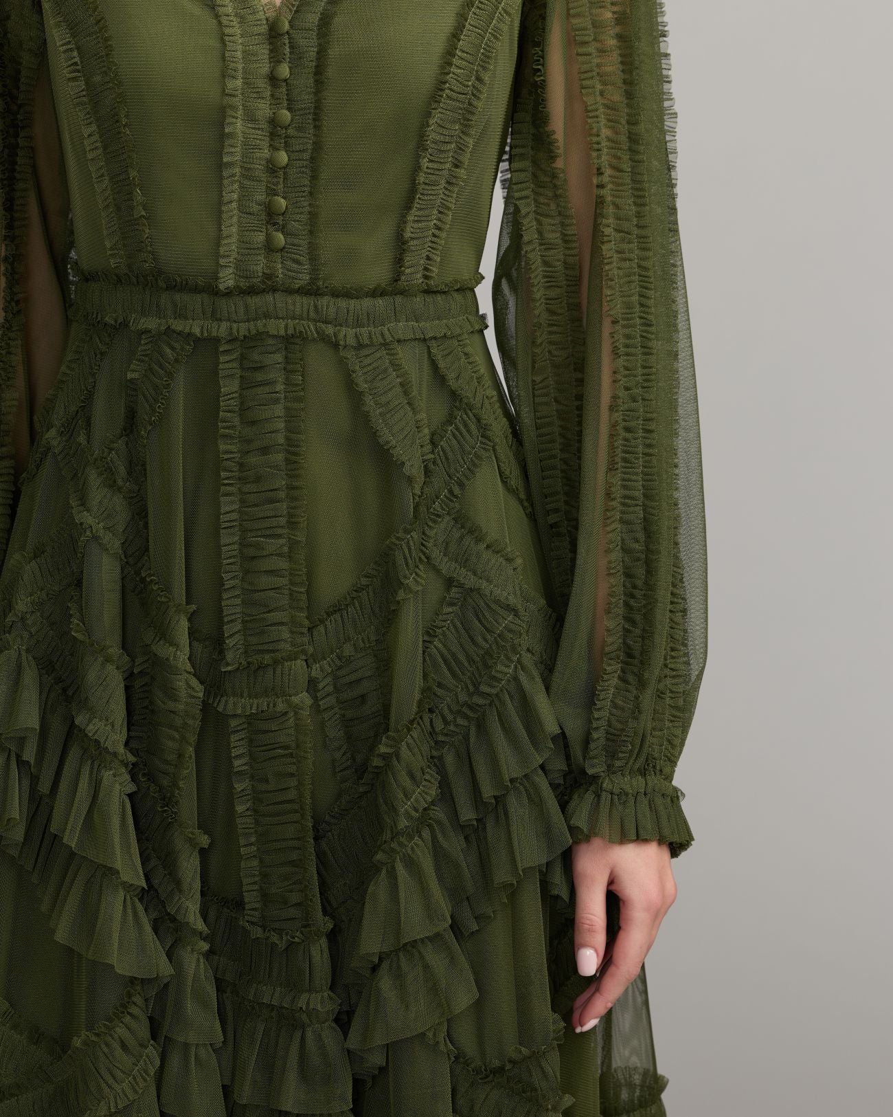 Green Long Sleeve V-Neck Micro Ruffle Midi Dress Mac Duggal