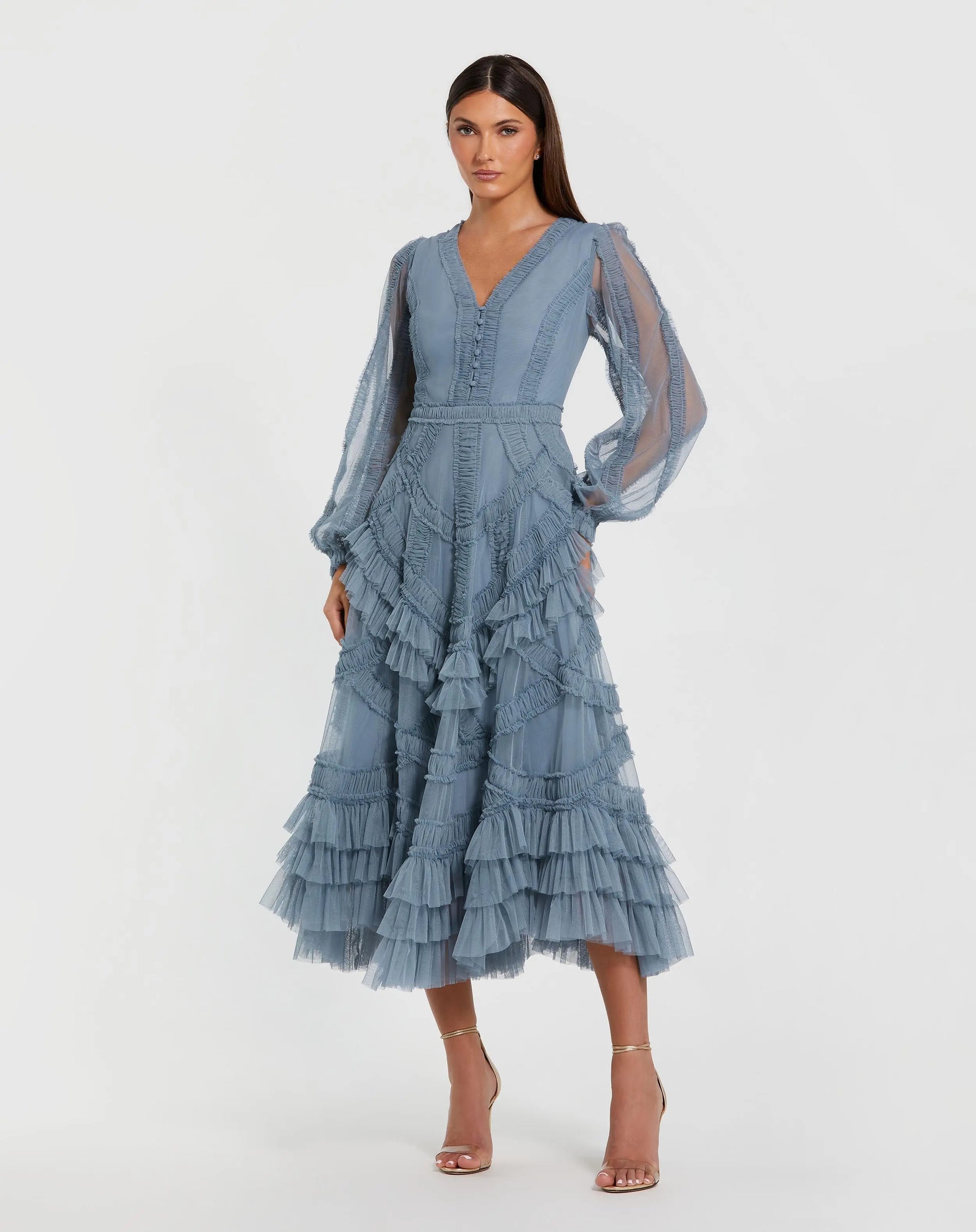 Blue Long Sleeve V-Neck Micro Ruffle Midi Dress | Mac Duggal Blue Long Sleeve V-Neck Micro Ruffle Midi Dress | Mac Duggal