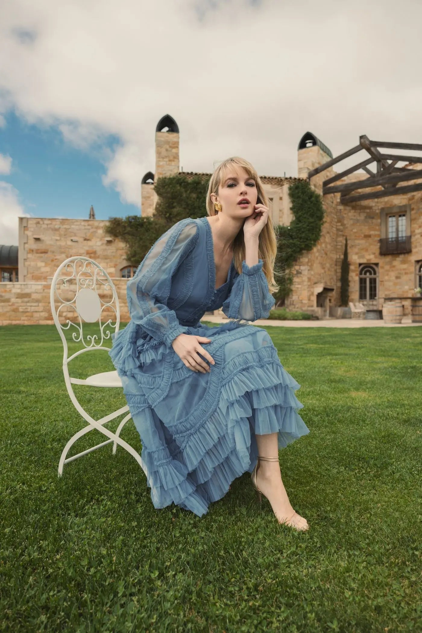 Blue Long Sleeve V-neck Micro Ruffle Midi Dress - Mac Duggal 