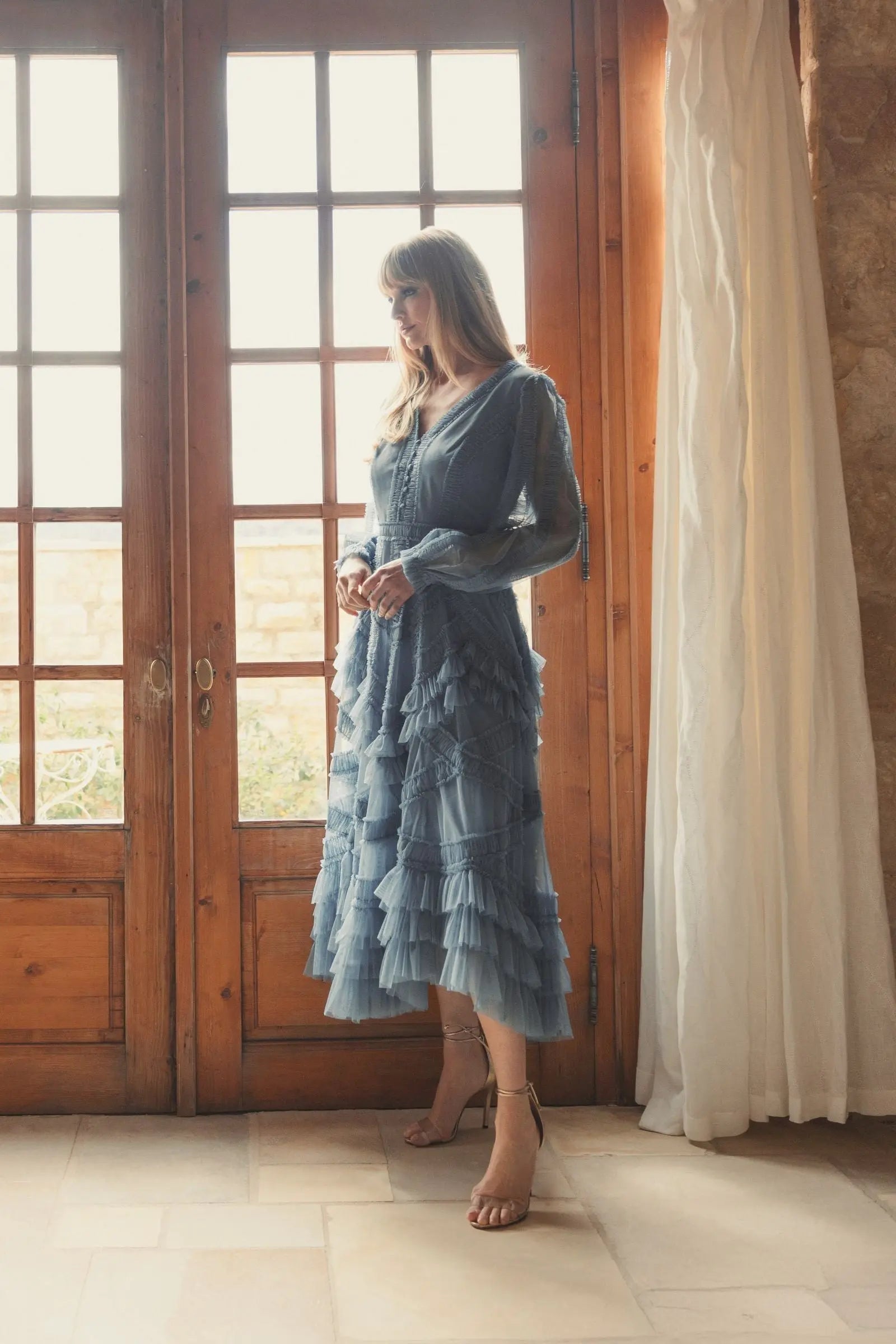 Blue Long Sleeve V-neck Micro Ruffle Midi Dress - Mac Duggal 