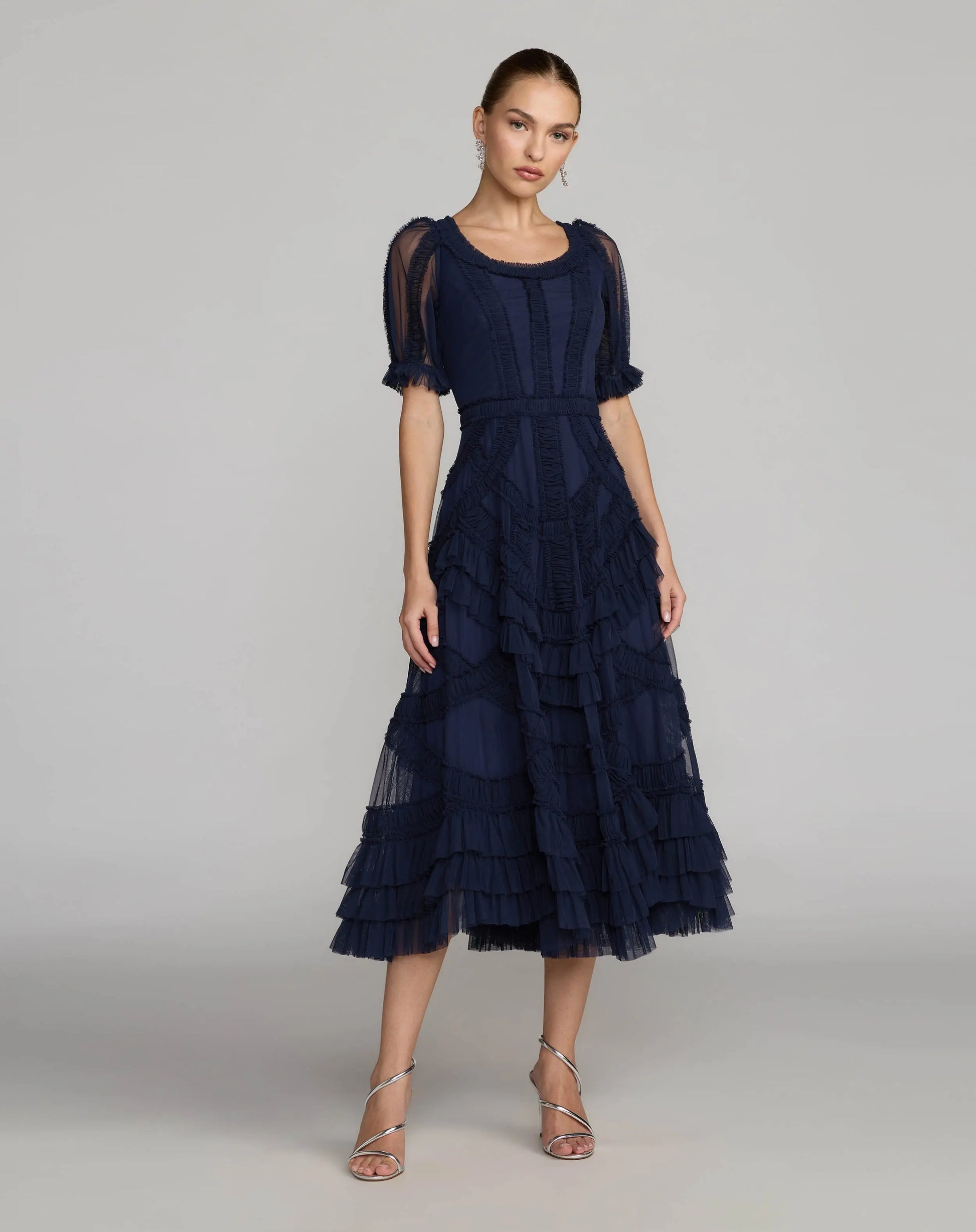Navy Short Sleeve Micro Ruffle Midi Dress | Mac Duggal Navy Short Sleeve Micro Ruffle Midi Dress | Mac Duggal