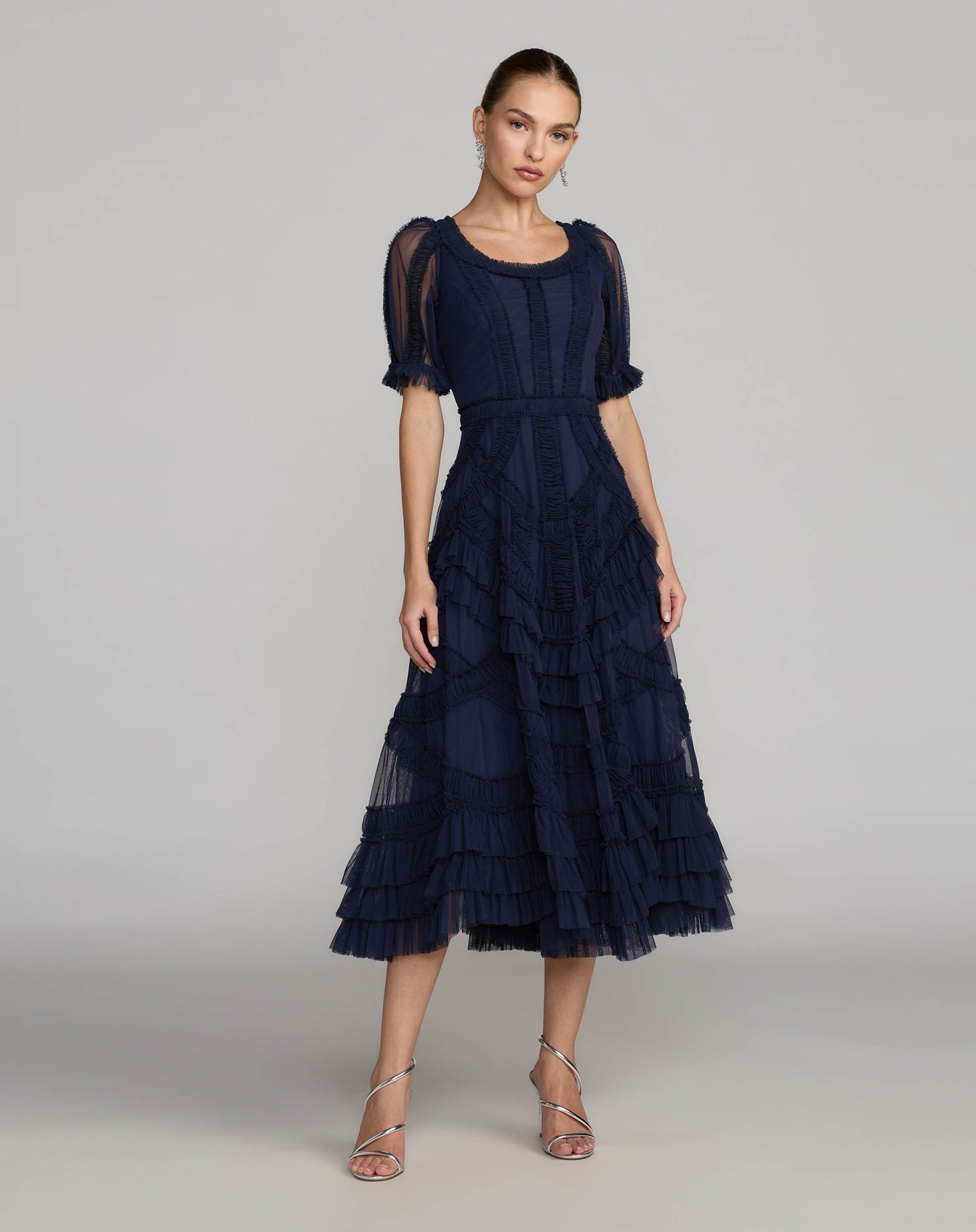 Navy Short Sleeve Micro Ruffle Midi Dress Mac Duggal