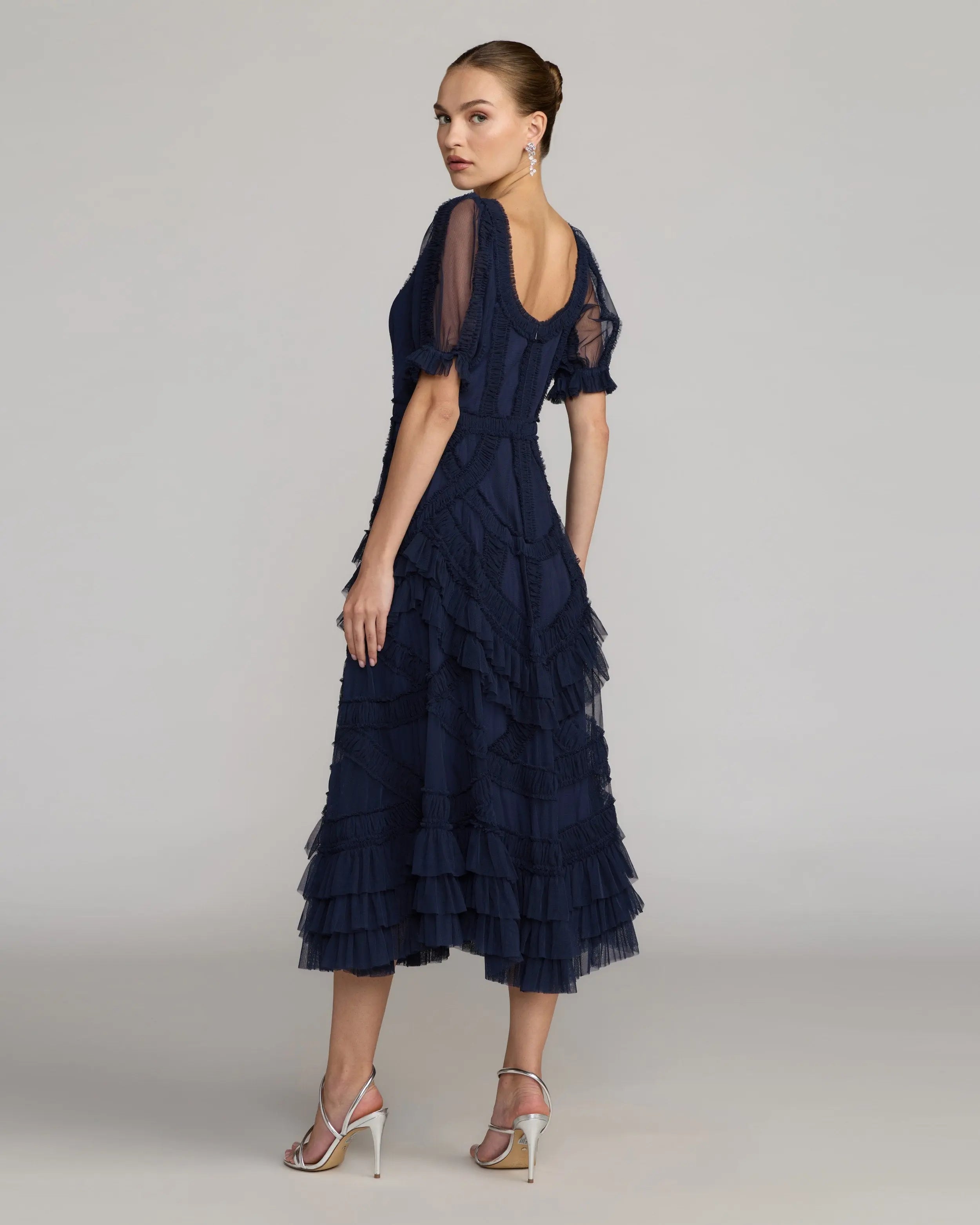 Navy Short Sleeve Micro Ruffle Midi Dress Mac Duggal