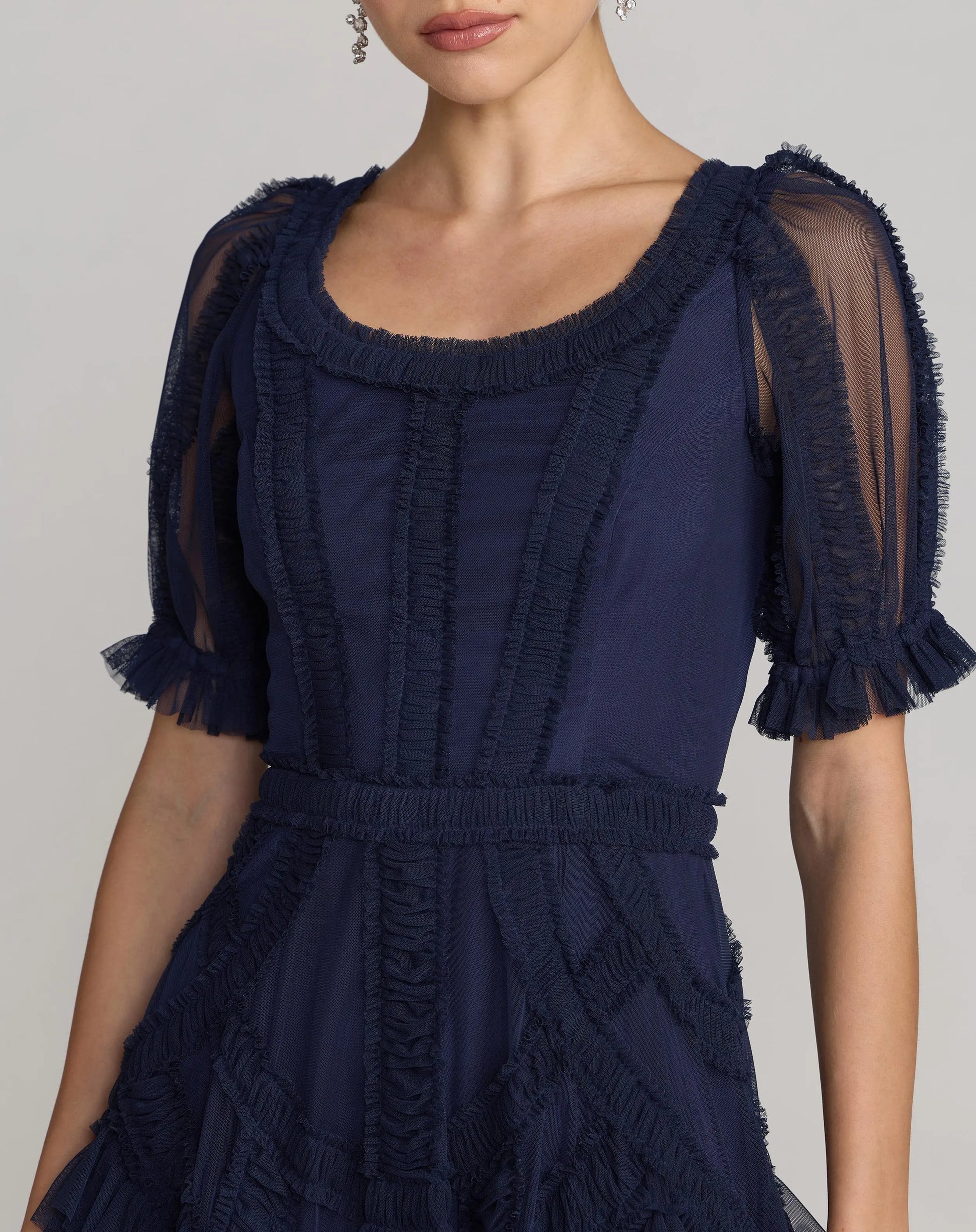 Mac Duggal - Short Sleeve Micro Ruffle Midi Dress - Indigo Mac Duggal - Short Sleeve Micro Ruffle Midi Dress - Indigo